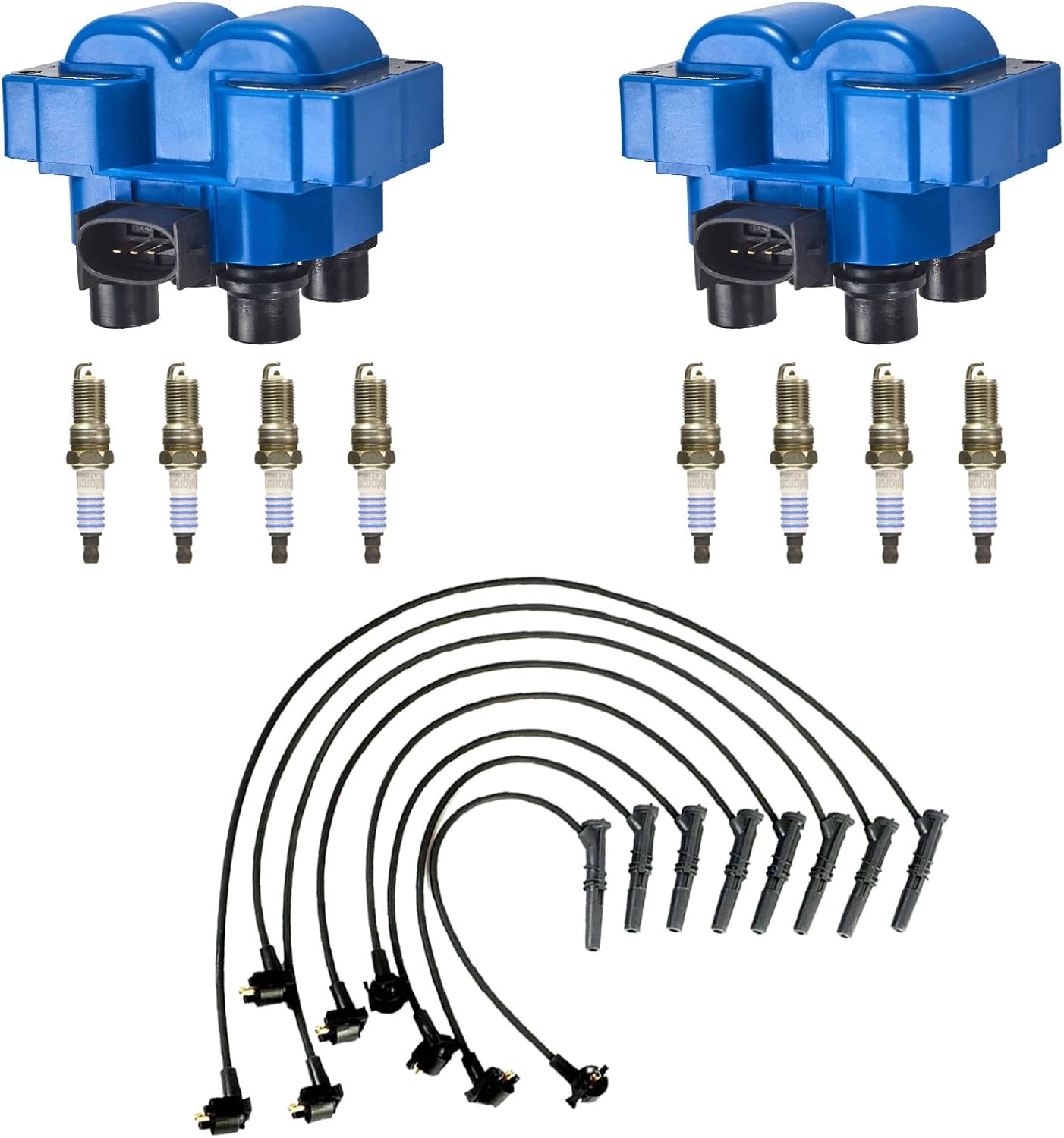 MCK 2 pcs High Performance Ignition Coil Pack Tune Up Kit + 8 Platinum Spark Plug & Wire Set Compatible With Mazda Mercury Ford Mustang Lincoln 90-03 L4 V8 1.9L 2.0L 2.3L 2.5L 4.6L 4.8L 5.0L FD487