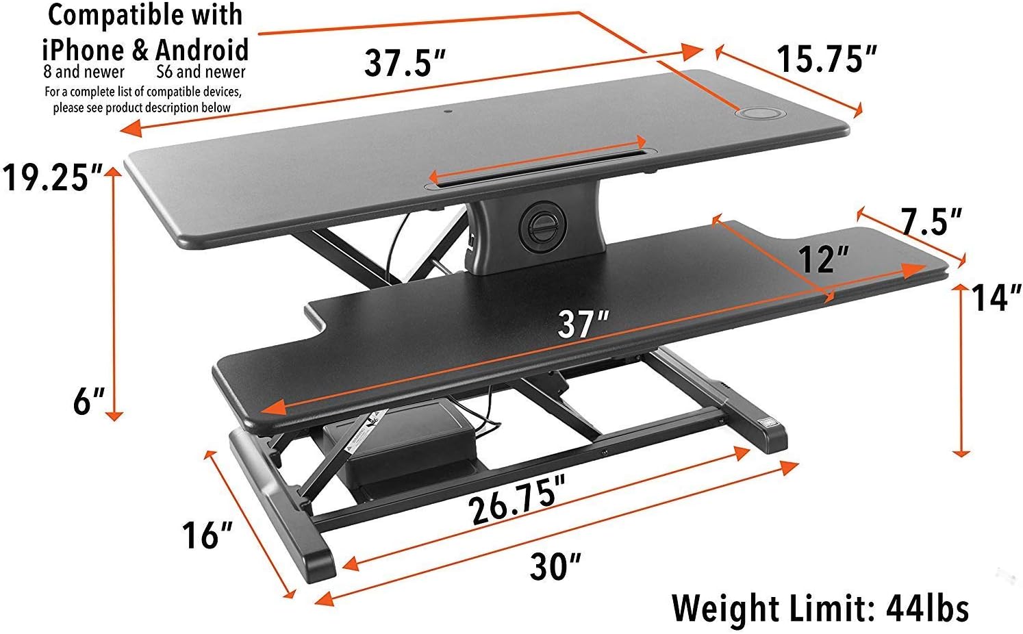 Stand Steady Flexpro Hero Power | Electric Standing Desk Converter/Desk Riser with Wireless Charging | Turns Any Desk into a Sit to Stand Up Desk | Integrated Phone/Tablet Holder (37.5 Inch/Black)