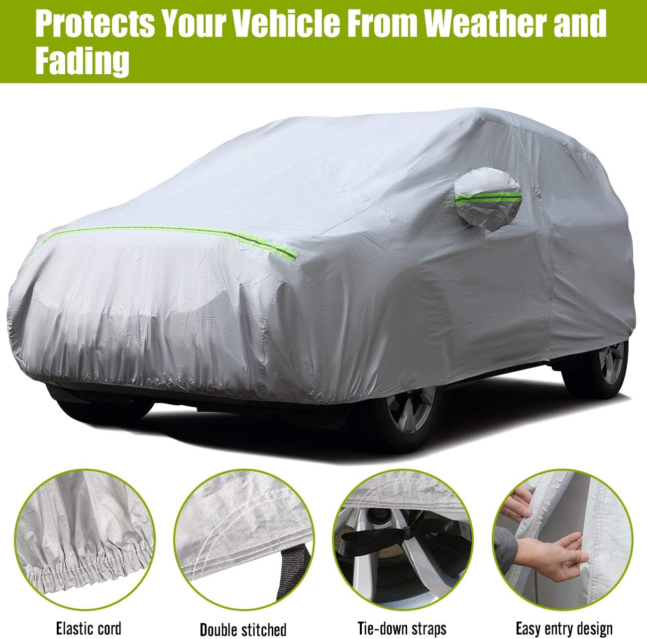 Favoto Car Cover SUV Cover Universal Fit 169 inch to 181 inch 5 Layer Driver Side Zipper Design Sun Protection with Night Reflective Waterproof Windproof Dustproof Snow Leaves Scratch Resistant Pack of 2