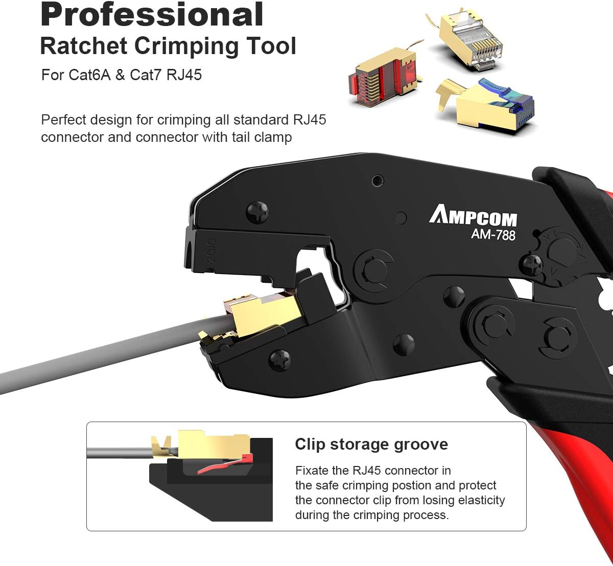 AMPCOM One-step RJ45 Ratcheting Crimper for Cat6A, Cat7 Shielded Connector Pack of 2