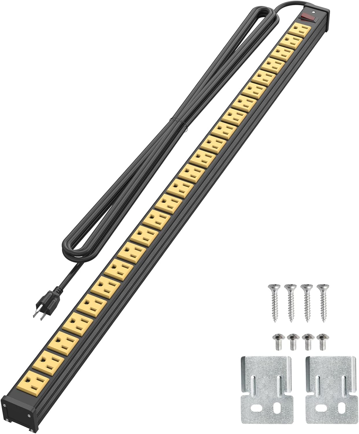 Metal Power Strip 24 Outlets, Heavy Duty Surge Protector Power Strip with 15 FT Long Extension Cord, Wall Mount Power Strip for Office, School, Workbench, Garage (Yellow) Pack of 2