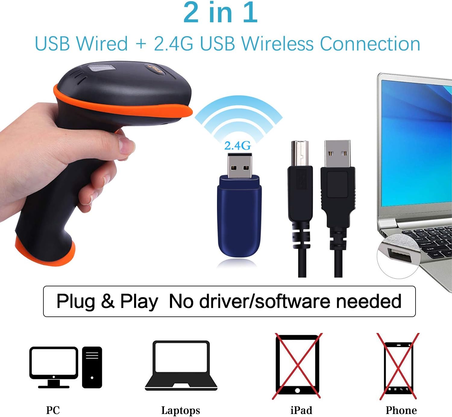 Tera Barcode Scanner Wireless Versatile 2-in-1 (2.4Ghz Wireless+USB 2.0 Wired) 1D 2D QR Code Scanner with Stand Cordless Bar Code Reader for Mail Store Supermarket Warehouse EVHK0004-1 Pack of 2