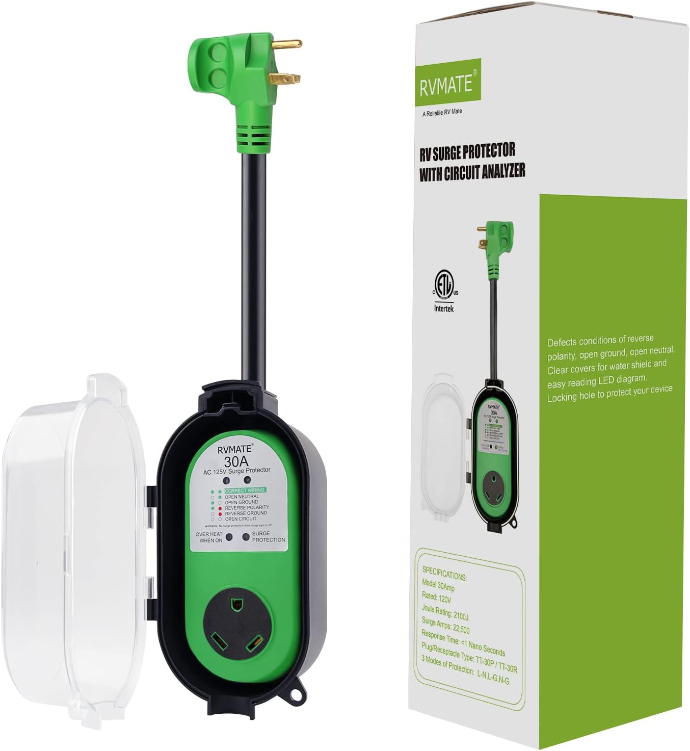 RVMATE 30Amp RV Surge Protector, Surge Protection (2100 Joules) with Waterproof Cover, All-in-one Circuit Analyzer Power Guard with LED Indicators for RV/Trailer/Camper, ETL Listed Pack of 2