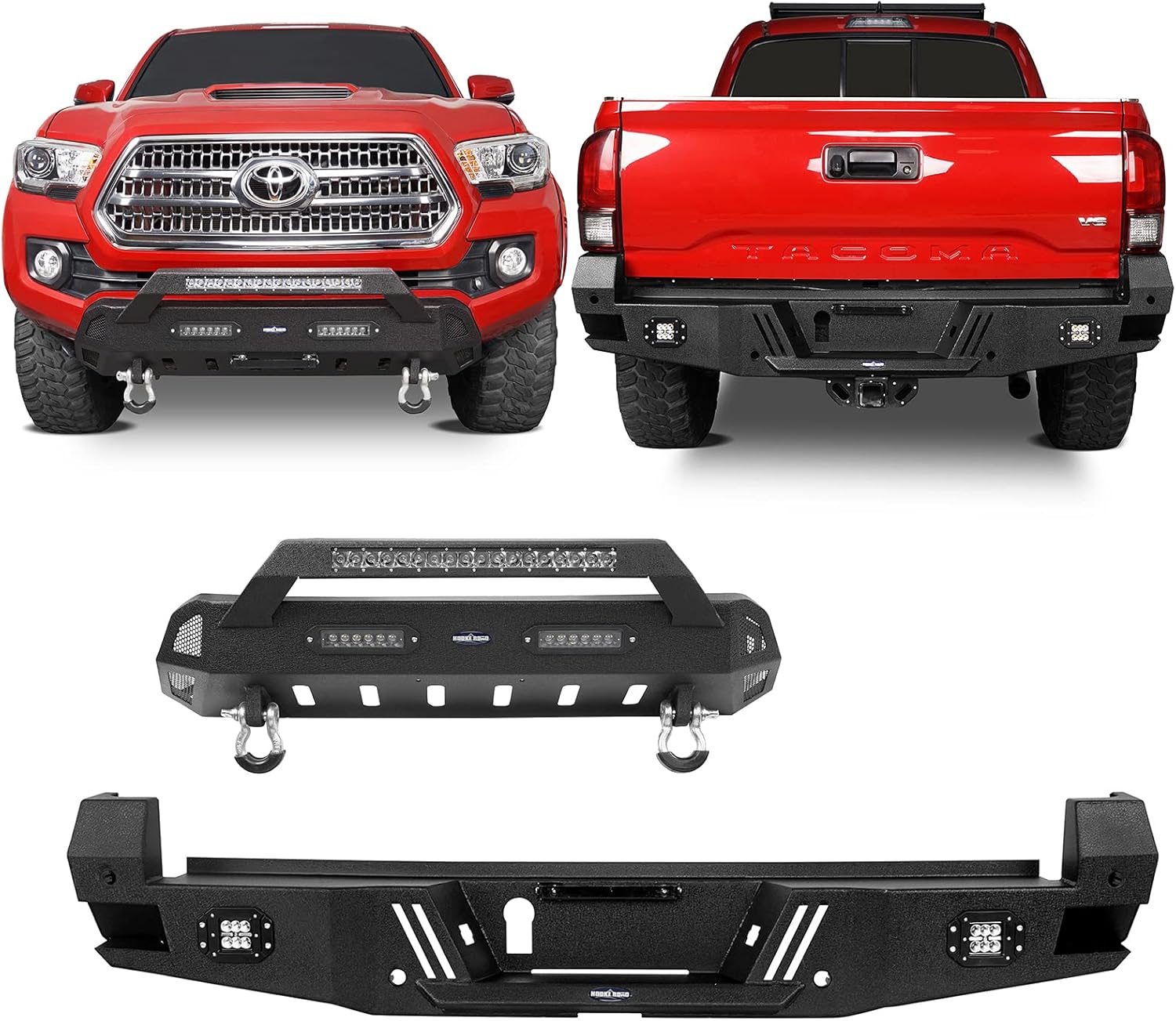 Hooke Road Tacoma Rear Bumper w/Sensor Holes + Front Bumper Kit for Toyota Tacoma 3rd Gen 2016 2017 2018 2019 2020 2021 2022