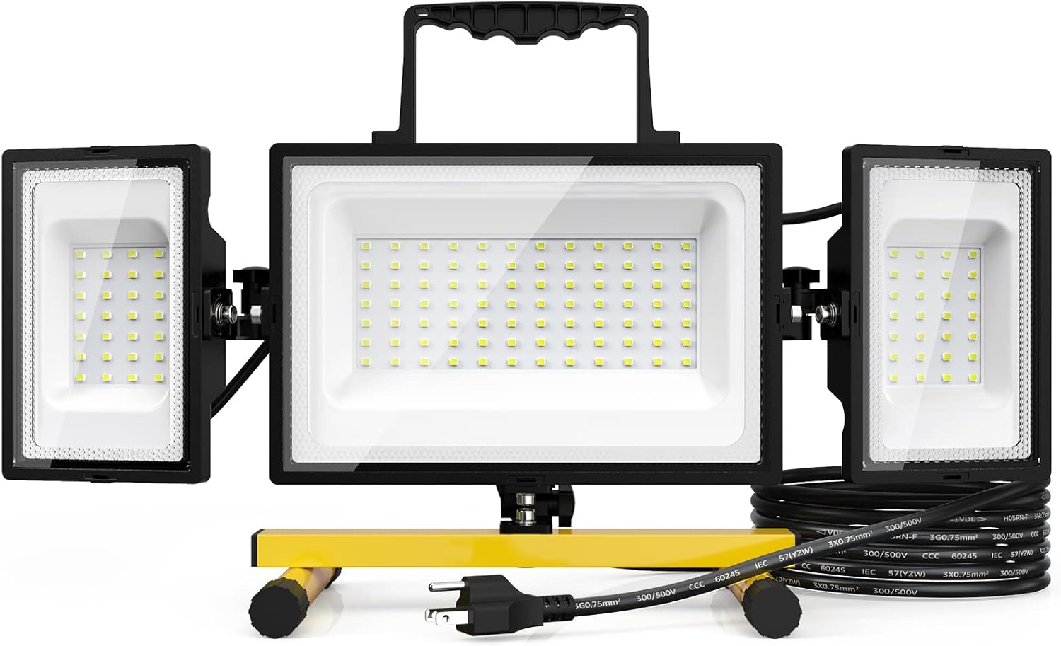 Olafus 80W LED Work Light Three Adjustable Heads, 7200LM Rotating Lighting, IP65 Waterproof Job Site Lighting with Stand for Construction Site, Jetty, Garage 6500K Daylight White, 16.4ft Power Cord Pack of 2