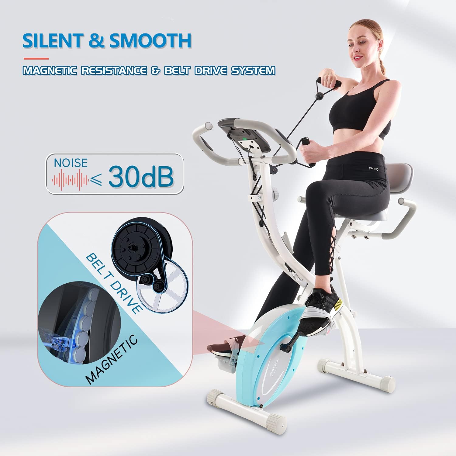 Folding Exercise Bike, Magnetic Bicycle Equipment, 2-in-1 Foldable Upright Stationary Bike with Arm Workout for Home