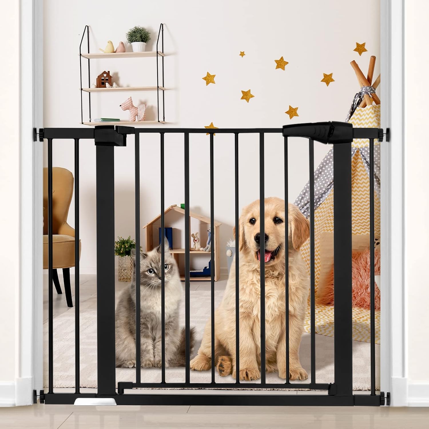 Dog Gate Easy Walk Thru Dog Fence Gate with Pet Door for Stairs Doorways House, Fits Openings 29.5