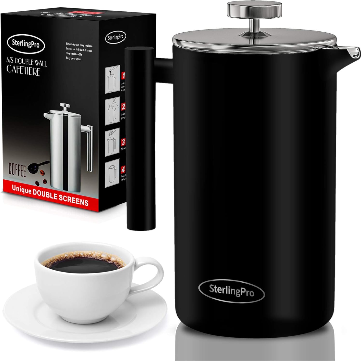 SterlingPro French Press Coffee Maker(1.75L)-Double Walled Large Coffee Press with 2 Free Filters-Enjoy Granule-Free Coffee Guaranteed, Stylish Rust Free Kitchen Accessory-Stainless Steel French Press Pack of 2
