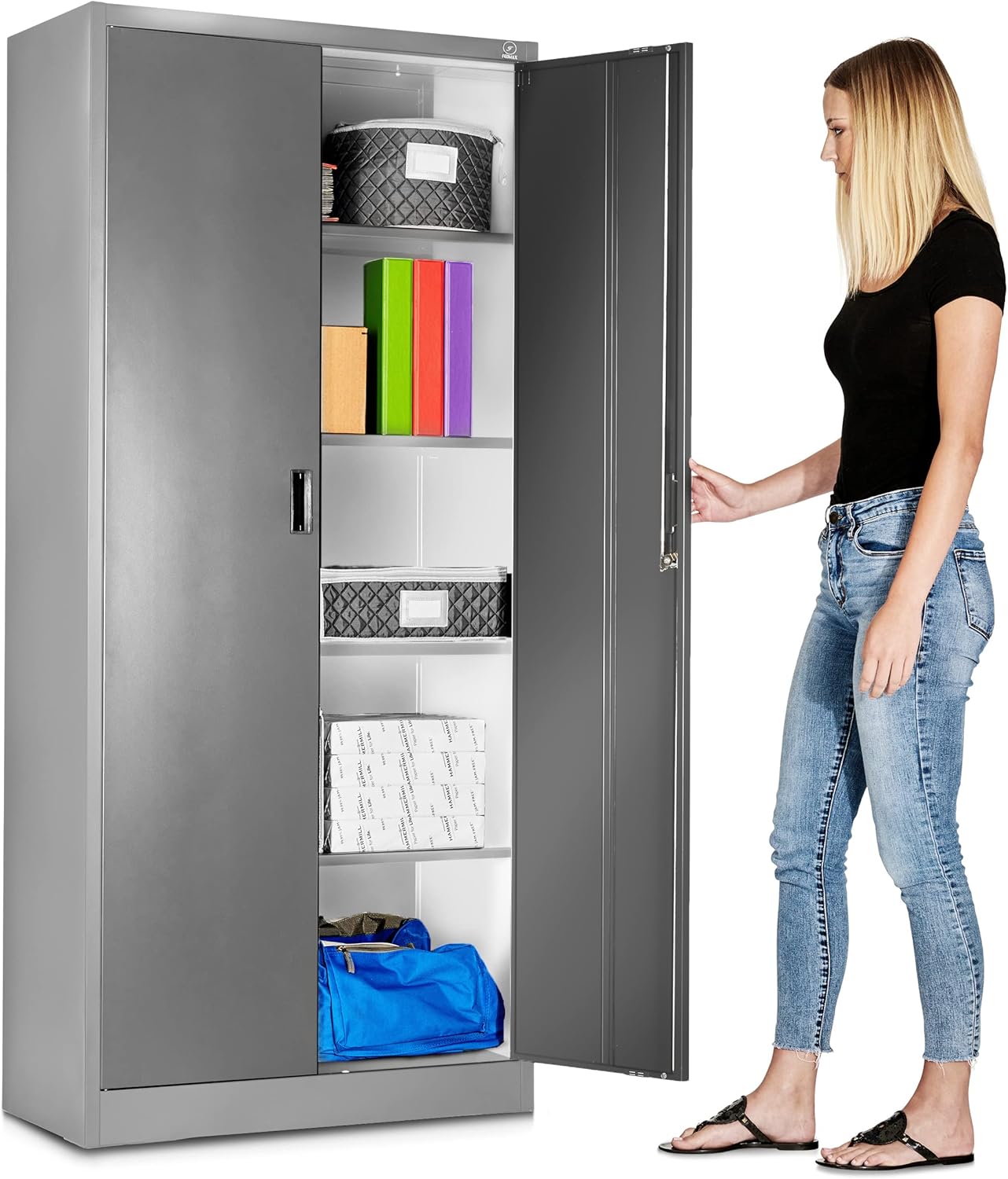 Fedmax Metal Garage Storage Cabinet - 71-inch Tall Large Steel Utility Locker with Adjustable Shelves & Locking Doors - Pantry Cabinets for Kitchen, Office, Classroom, Bathroom - White & Silver