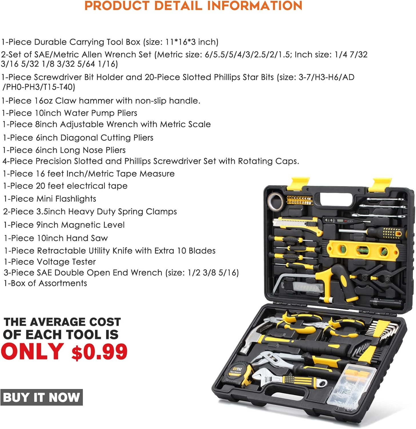 ENTAI 218-Piece Tool Kit for Home, General Household Hand Tool Set with Solid Carrying Tool Box, Home Repair Basic Tool Kit Sets for Home Maintenance Pack of 2