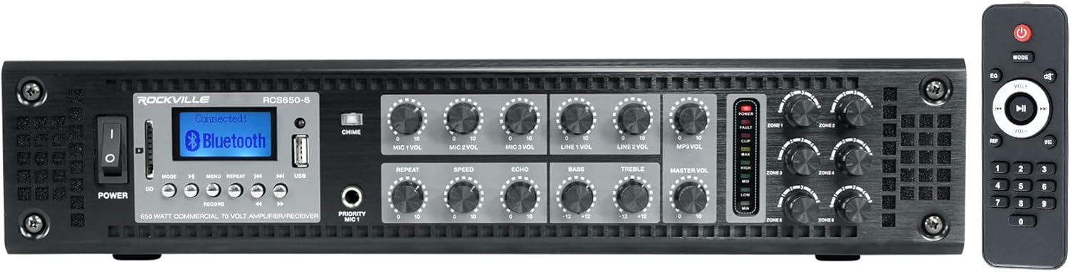 Rockville RCS650-6 650 Watt 6 Zone 70v Commercial/Restaurant Amplifier/Bluetooth