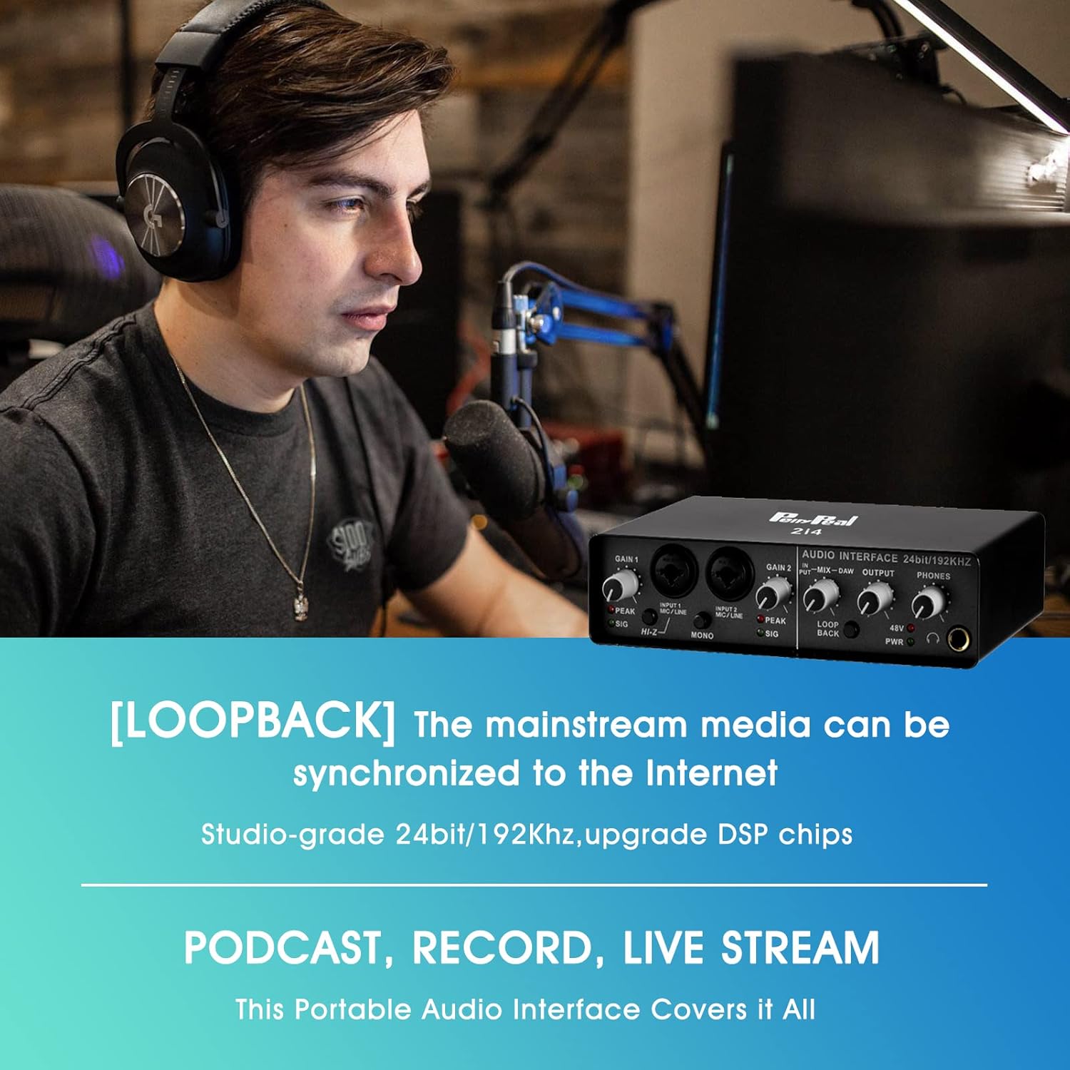 USB Audio Interface for PC 2-in 4-out with XLR Mic Amplifier, Hi-Z Switch, LOOPBACK,48V Phantom Power,24-bit/192 kHz TRS Balanced Ultra-Low Latency Monitor, for Recording, Streaming and Podcasting Pack of 2