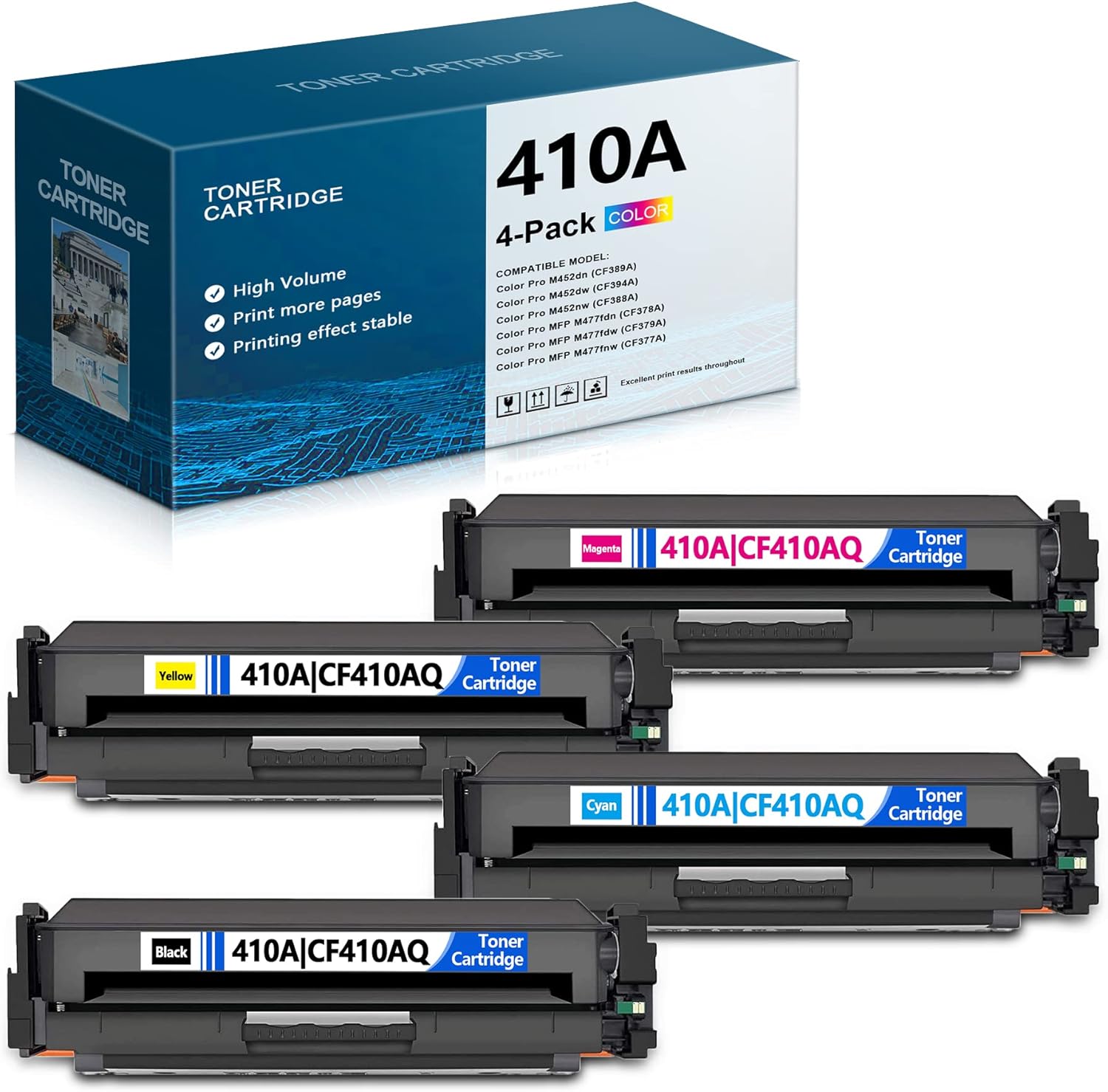 4 Pack 410A | CF410AQ Toner Cartridge Replacement for HP Color Pro MFP M477fdn M477fdw M477fnw M452dn M452dw M452nw Printer (1Black/1Cyan/1Yellow/1Magenta) - Sold by WYXBHGS