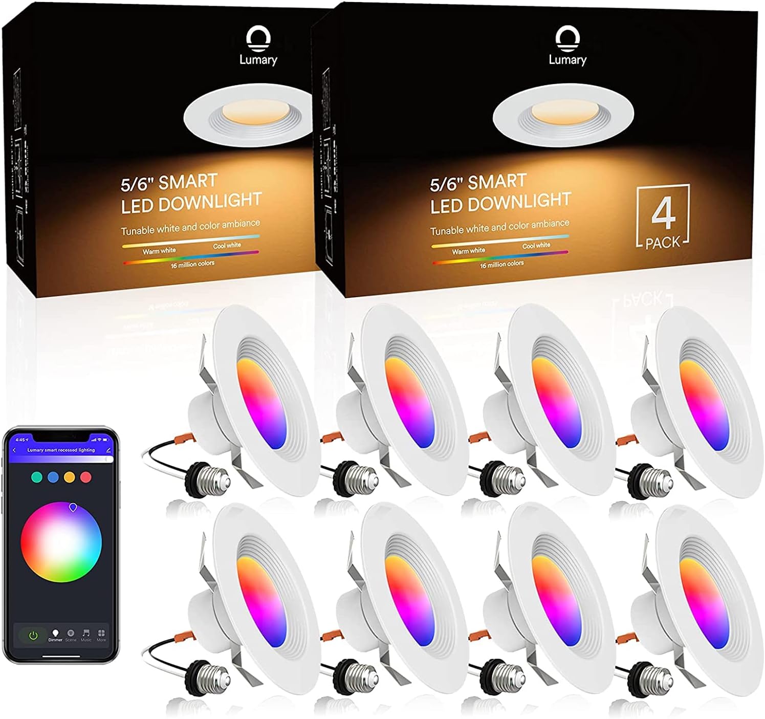 Lumary 5/6 inch LED Smart Recessed Lighting, Wi-Fi LED Can Lights, RGBWW LED Recessed Downlight Compatible with Alexa & Google Assistant 13W (80W Equivalent) 1100LM (5/6 in WiFi- 8 Pack)