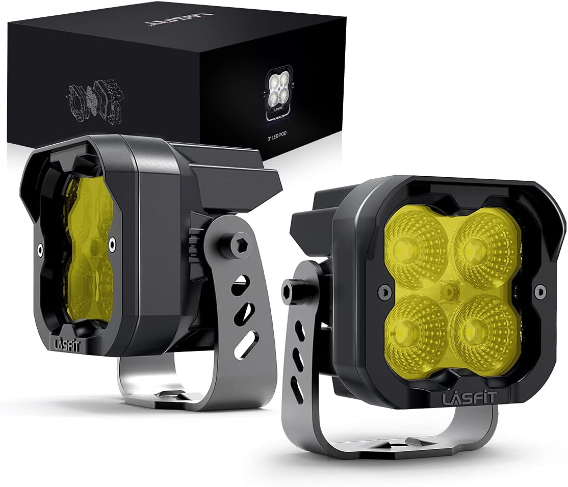 LASFIT Yellow 3 inch LED Pods Flood Beam Ditch Lights Off Road 36W TIR Optics, Pair