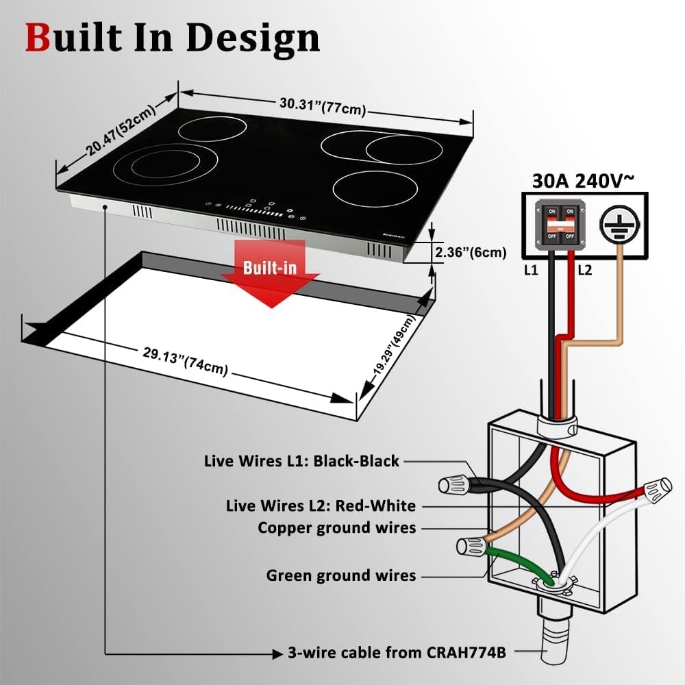 Electric Cooktop 30 inch, ECOTOUCH Radiant Cooktop 4 Burner Smoothtop Electric Cooktop 30