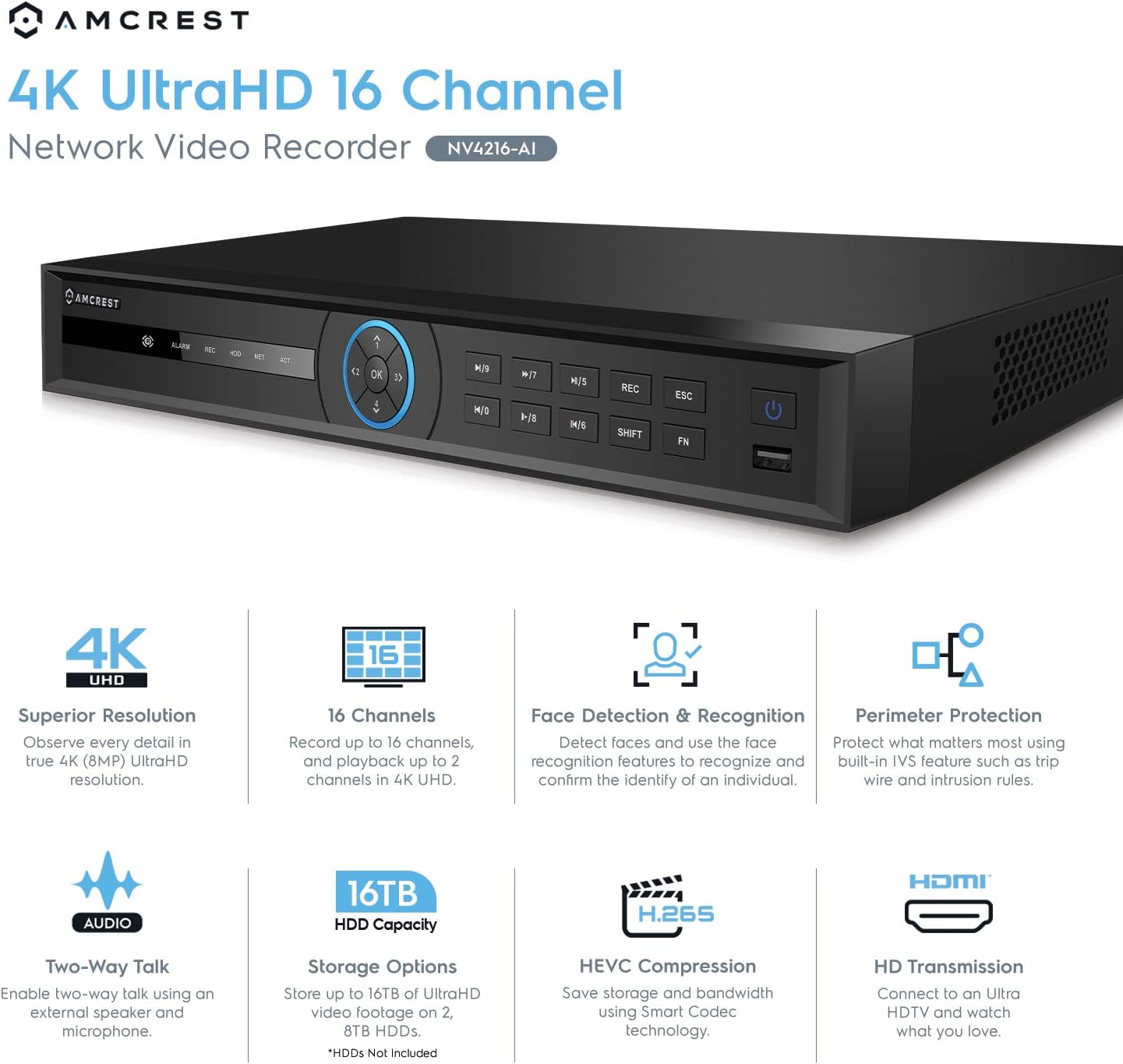 Amcrest 4K NV4216E-AI 16CH AI NVR, 16-Port PoE, Smart NVR, Facial Recognition, Facial Detection & Vehicle Detection - Supports 16 x 4K IP Cameras, Supports 2 x 8TB Hard Drives (Not Included)