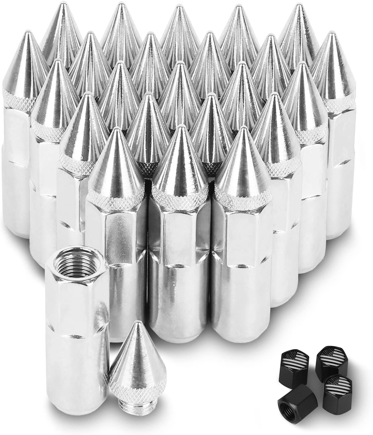 YeshineAuto M14x1.5 Steel Spikes Lug Nut,24 PCS Wheel Rims Spiked Lug Nuts,Wheel Accessories Parts Spikes Extended Tuner Lug Nuts(Silver) Pack of 2