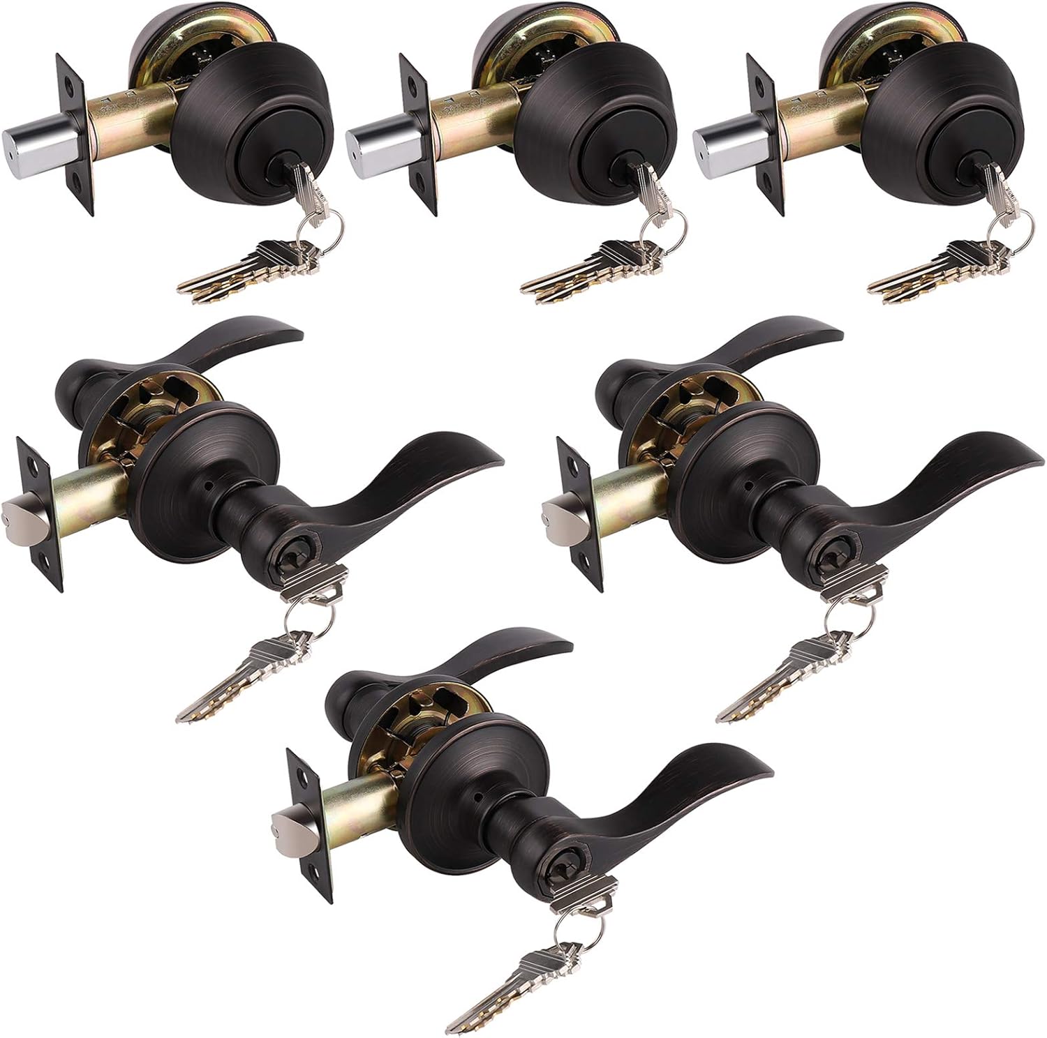 Entry Door Handle and Double Cylinder Deadbolt Combo Locksets in Satin Nickel,Wave Style Lever Style,for Exterior/Front Doors,5Pack