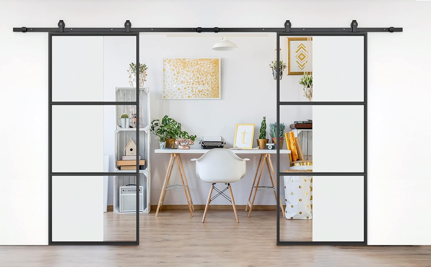 JUBEST Double Barn Door 72 x 84 in with 12FT Hardware Kit and Soft Close Mechanism, 2 Sets of 36x84 in Clear Tempered Glass Carbon Steel Frame Barn Door,Pocket Interior Door, Easy Assembly