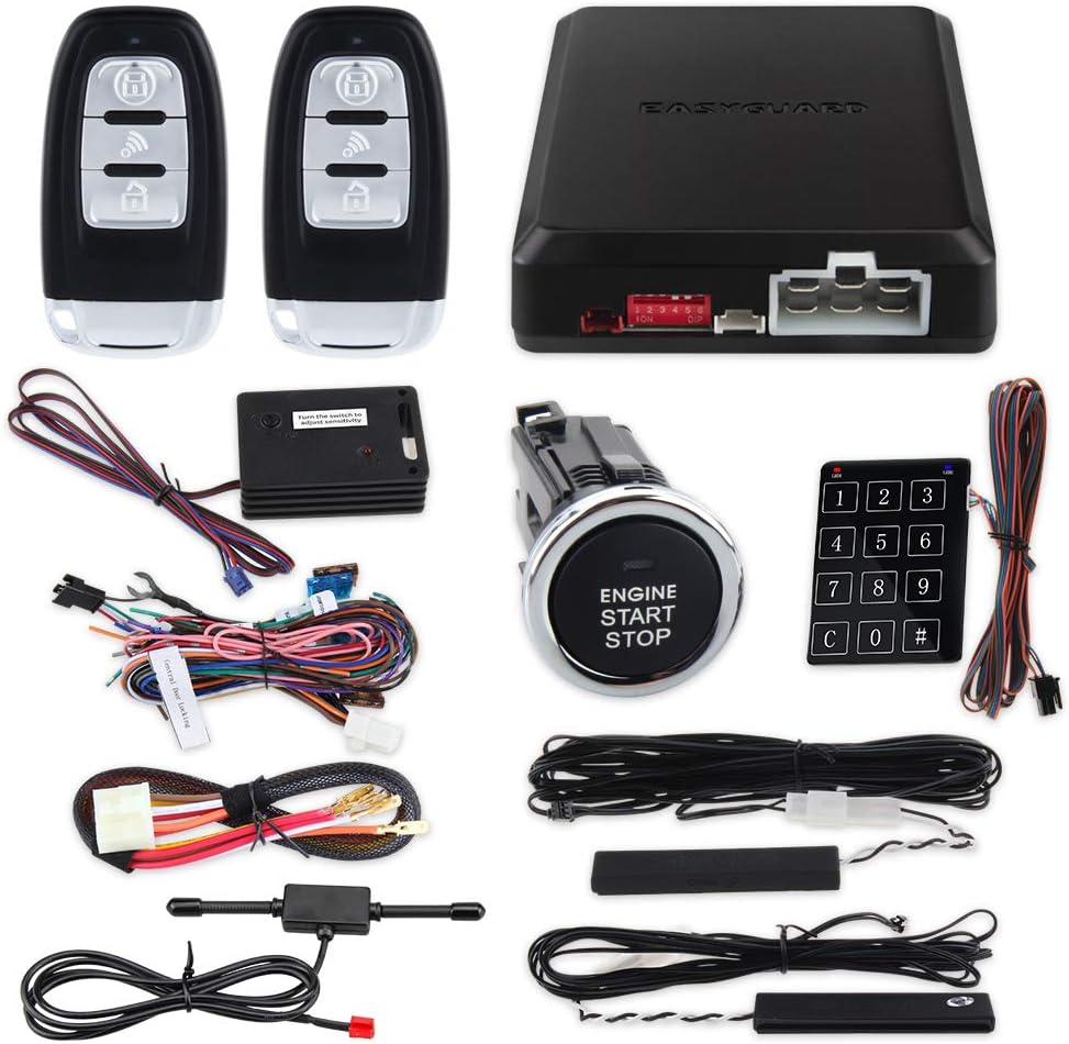 EASYGUARD EC002-LB-NS Rolling Code car Alarm System with Passive keyless Entry Push Start Stop Button Touch Password Entry Vibration Alarm auto Start Starter DC12V