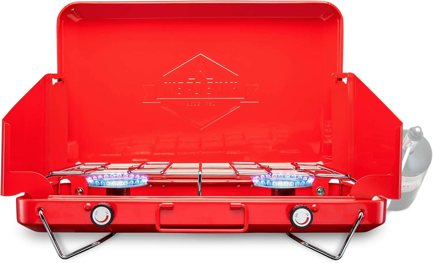 Hike Crew Gas Camping Stove | Portable Double Propane Burner | Built-in Carrying Handle, Foldable Legs & Wind Panels | Includes Regulator Tube Pack of 2