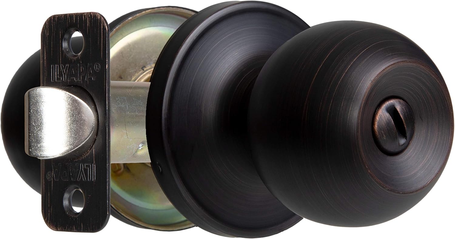 Ilyapa Privacy Door Knobs for Bed and Bath - Ball Style, Oil Rubbed Bronze Interior Keyless Turn Thumb Locking Round Door Handle, Oil Rubbed Bronze, 10 Pack