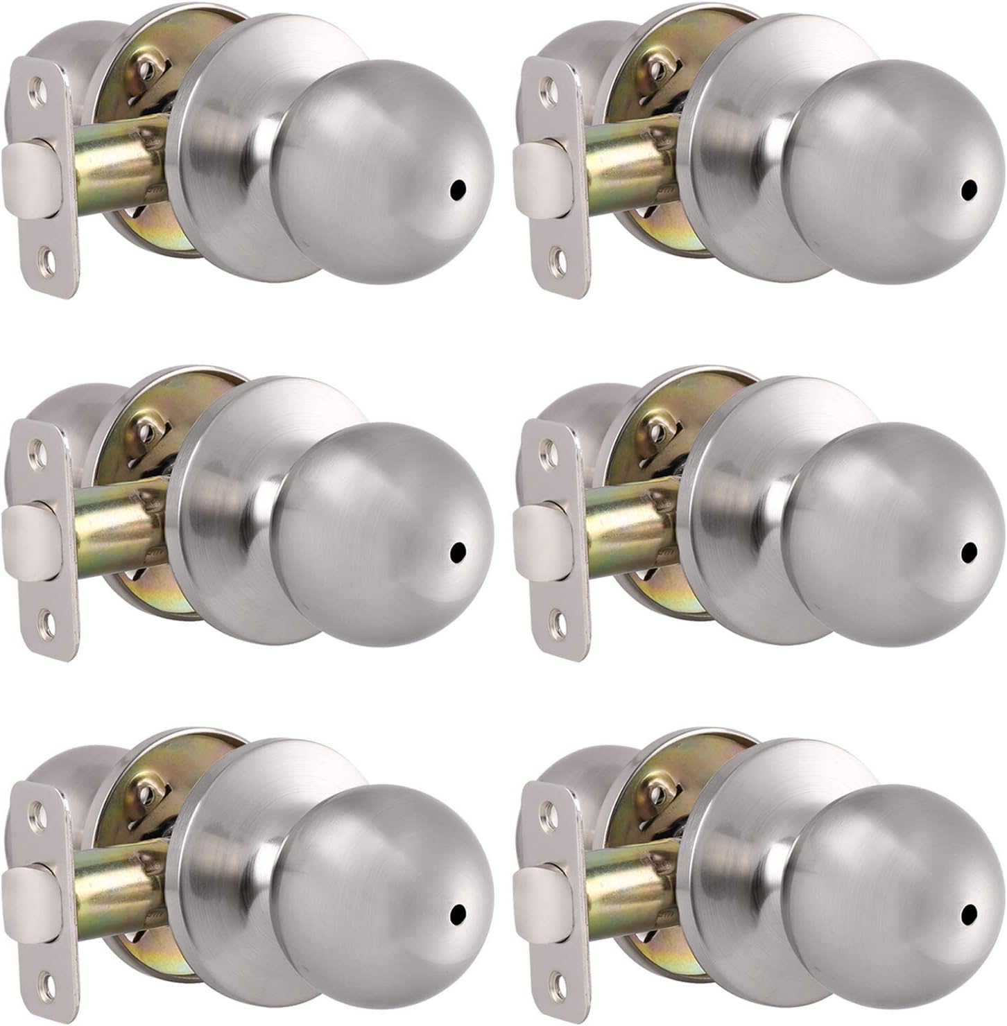 Probrico Privacy Door Knobs Interior with Lock Round Ball Shape Brushed Stainless Door Handles Bedroom Bathroom Keyless Door Locksets, 6 Pack Pack of 2