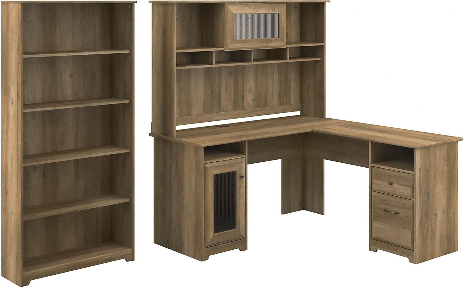Cabot L Shaped Desk with Hutch and 5 Shelf Bookcase in Espresso Oak