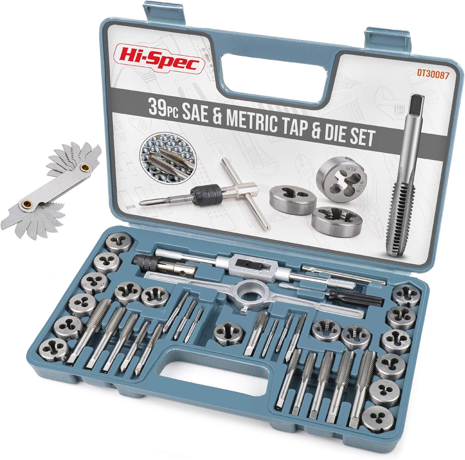 Hi-Spec 39 Piece SAE & Metric Tap & Die Set. Complete M3 to M12 / #4 to 1/2in Fine & Coarse Tools to Cut, Chase and Thread with Screw Pitch Gauge in a Tray Case Pack of 2