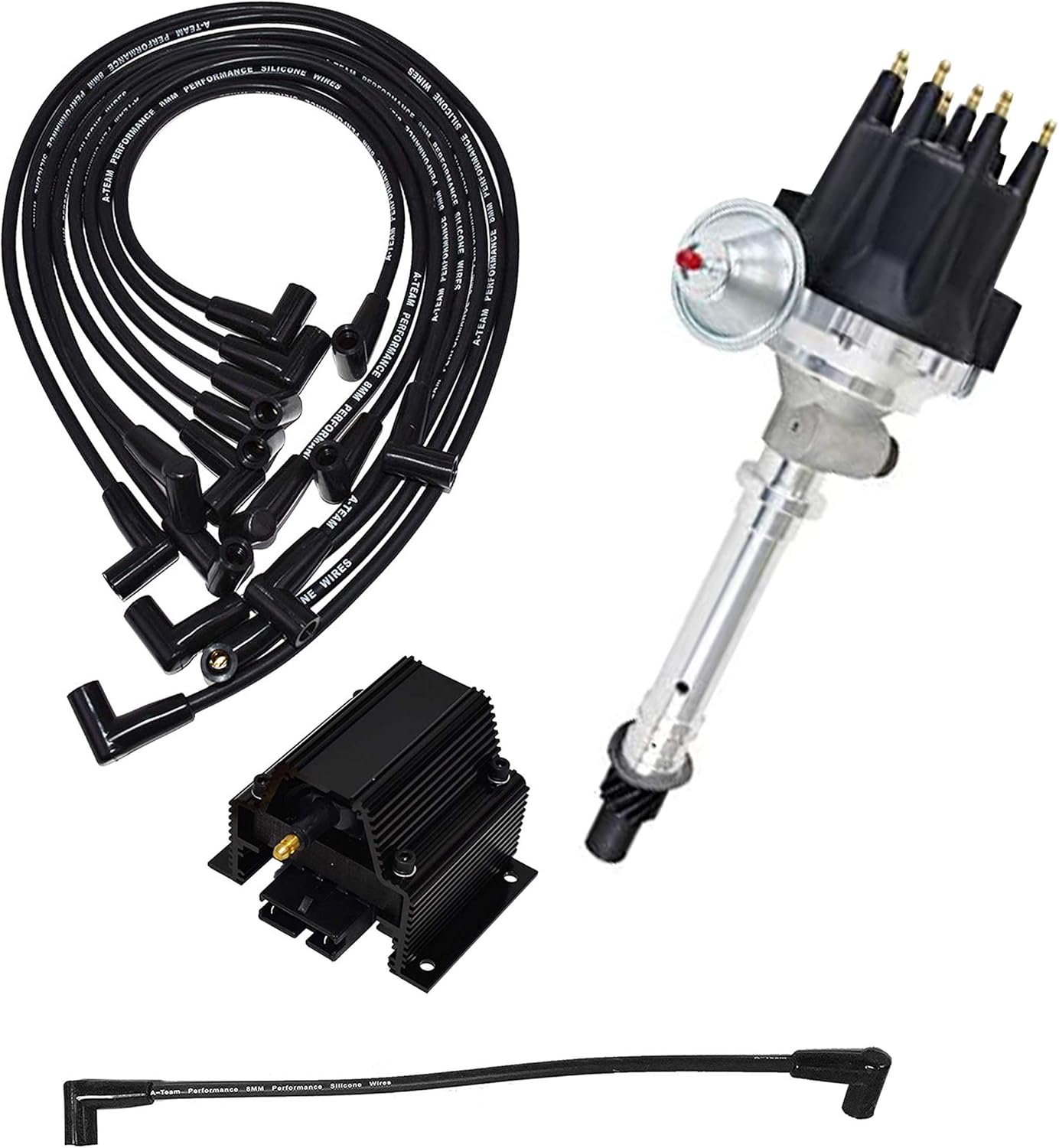 A-Team Performance - Pro Series R2R Distributor, 8.0mm Under the Exhaust Spark Plug Wires, & 50K Volts Coil - Compatible With Chevy Corvette SBC Tach Drive 262 283 302 305 307 327 350 383 400 Black