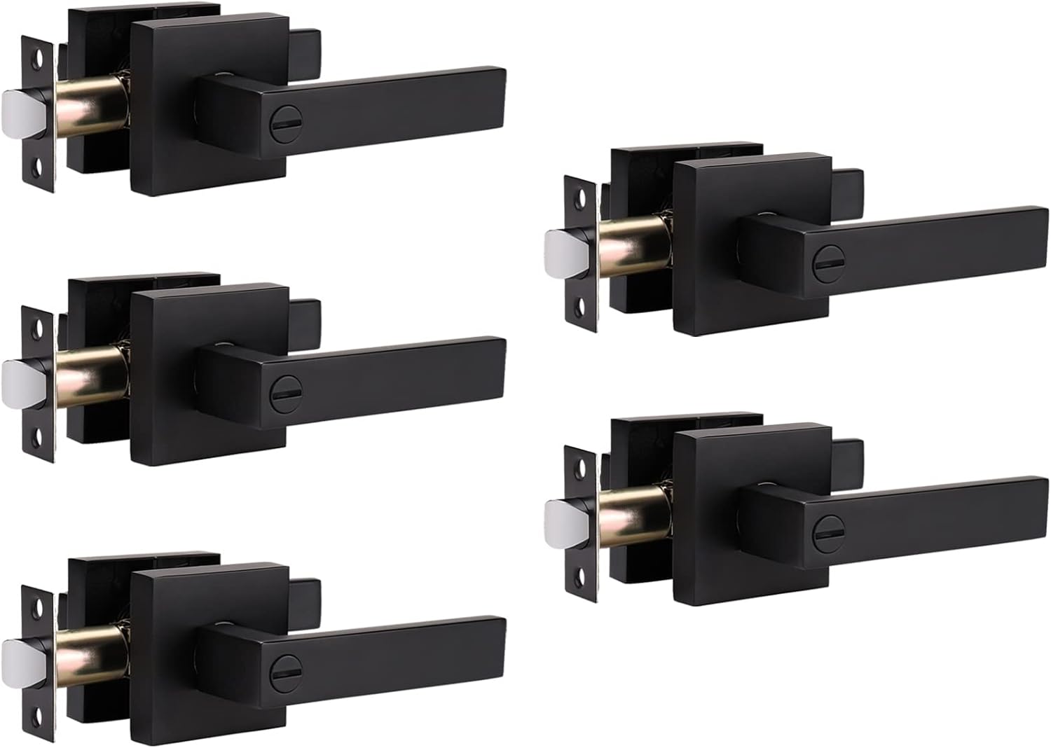 5 Pack Privacy Door Handle Locking Lever with Modern Contemporary Square Design for Bedroom or Bathroom, Heavy Duty Privacy Door Lever with Lock in Matte Black, Reversible for Right & Left Handed Door