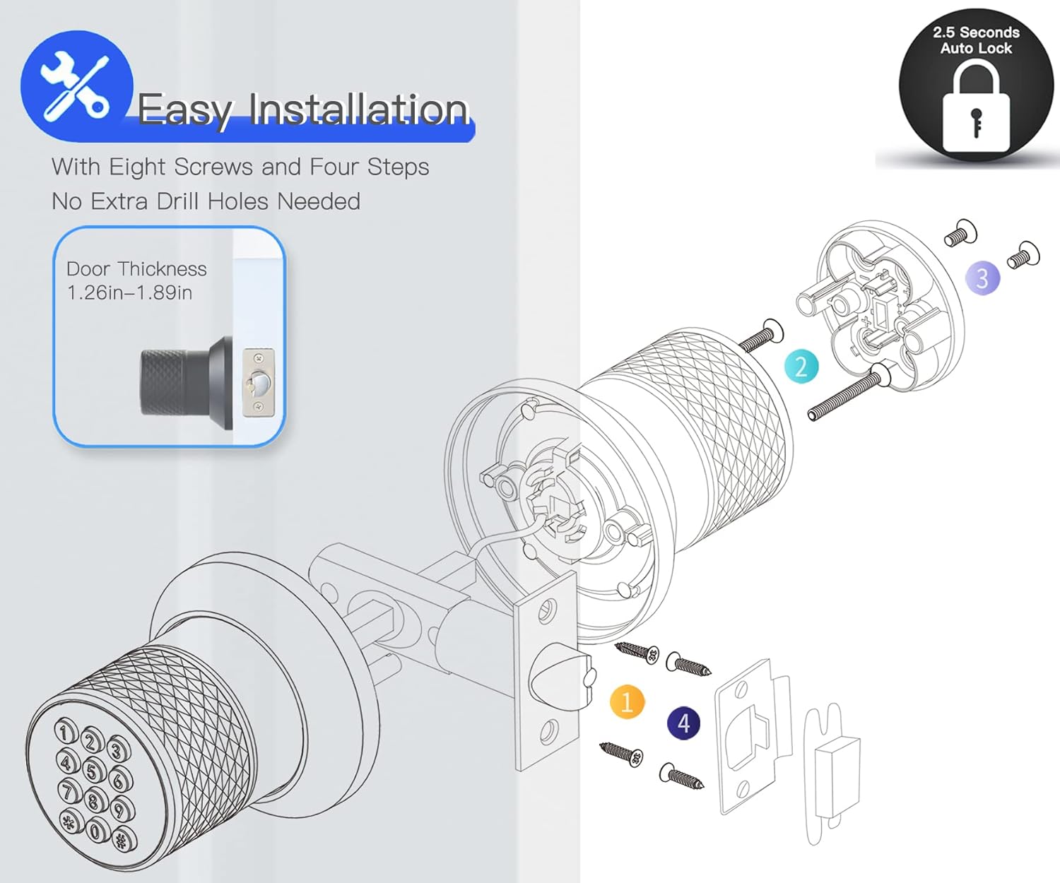 Smart Door Knob with Keypad, Key Padlock, Code, Auto Lock, Keyless Entry Door Knob, Anti-Slip Handle, Anti-pry Code Door Knob for Home, Office, Waterproof, Black Door Knob with Lock Pack of 2