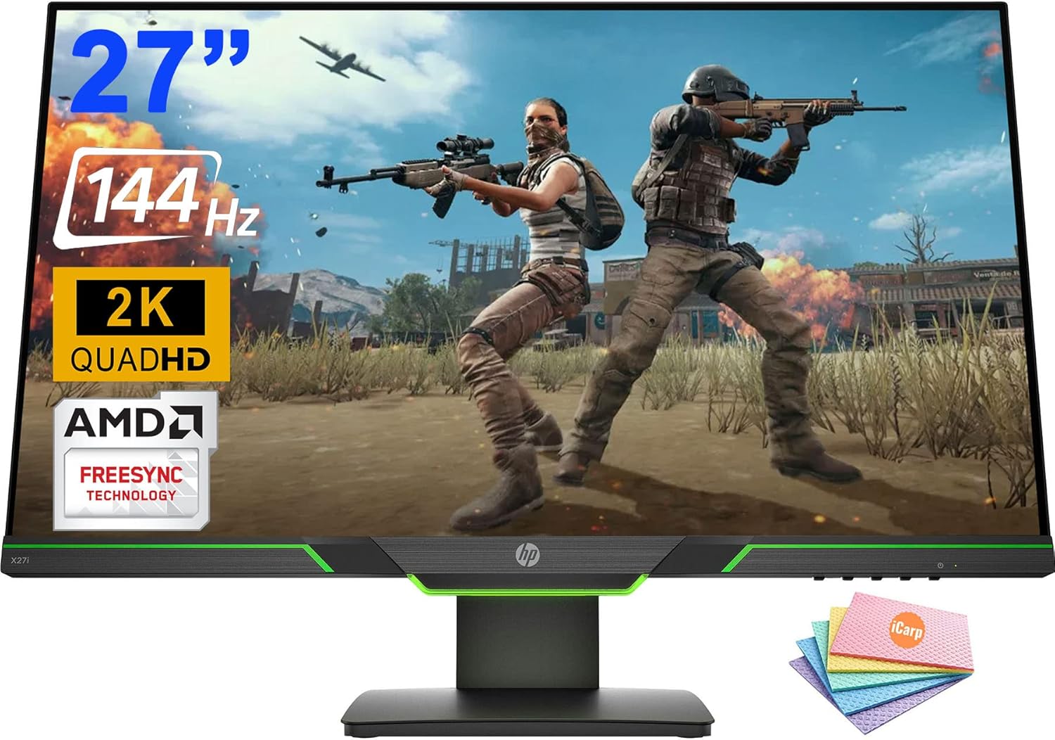HP 27 2K Gaming Monitor 27” 2K QHD (2560 x 1440) IPS Panel 144Hz Refresh Rate 4ms Response time 350 nits Brightness AMD FreeSync Technology 178° Viewing Angles DisplayPort + Cleaning Cloths