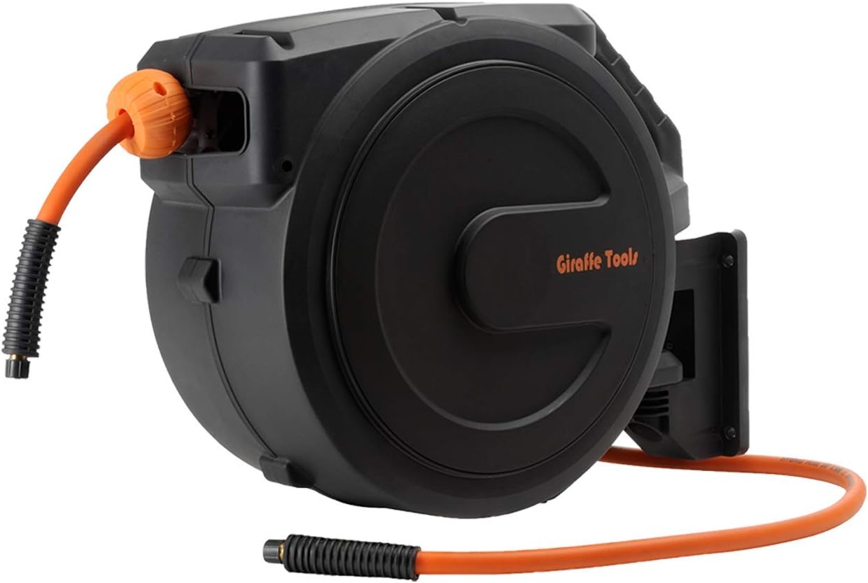 Giraffe Retractable Air Hose Reel Enclosed with 3/8 in. x 50 ft Hybrid Hose, Lightweight Compressor Hose Reel Wall Mounted with 180° Swivel Bracket, 300 PSI