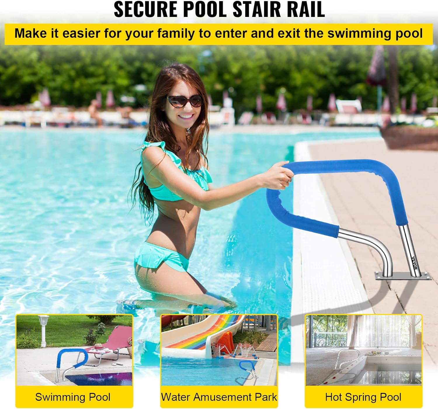 VEVOR Pool Rail 30x22 Pool Railing 304 Stainless Steel 250LBS Load Capacity Silver Rustproof Pool Handrail Humanized Swimming Pool Handrail with Blue Grip Cover & M8 Drill Bit & Self-Taping Screws