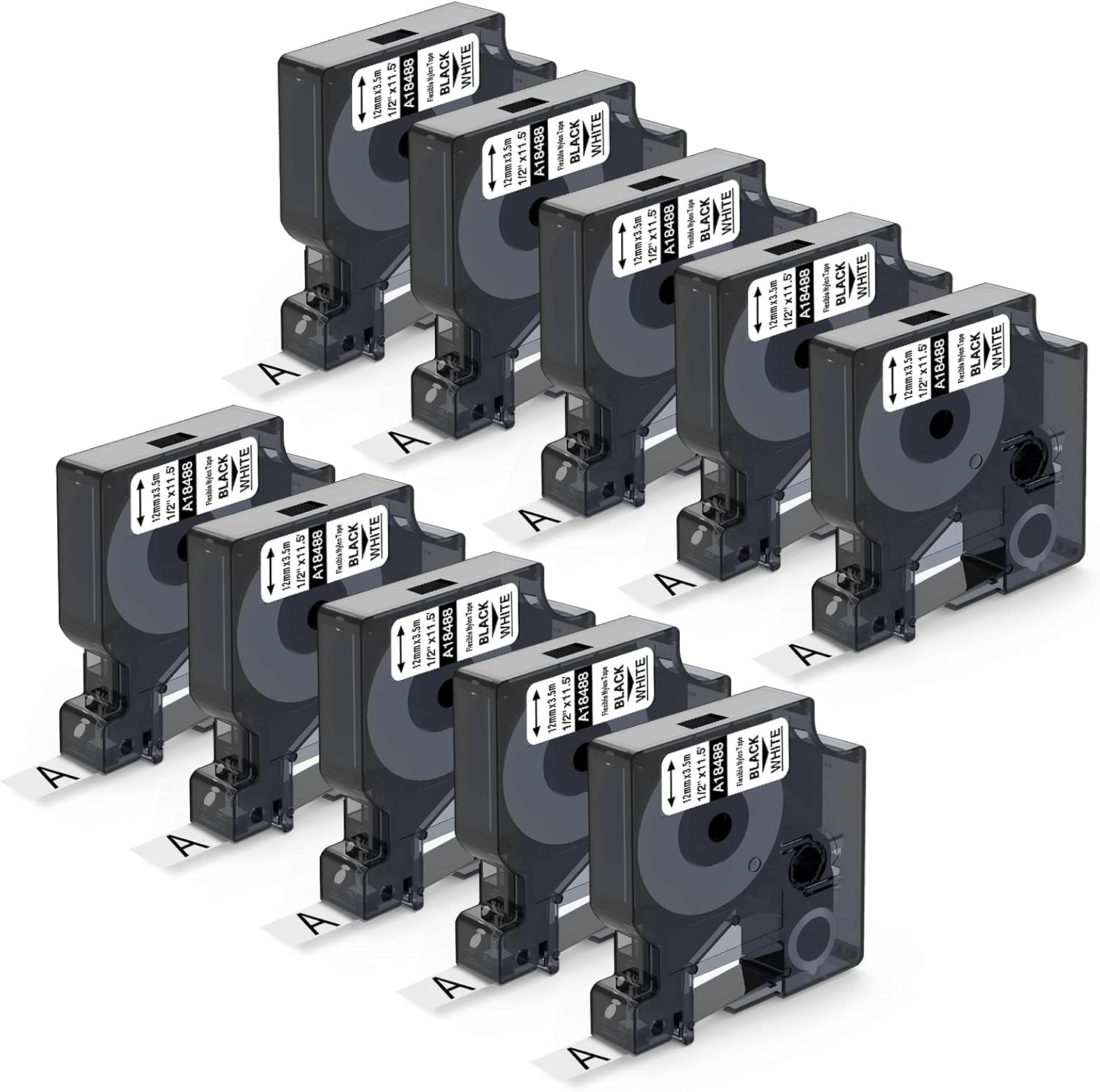 Aonomi Compatible Industrial Label Tape Replacement for DYMO 18488 Flexible Nylon Label for DYMO Industrial Rhino 4200, 5000, 5200, 6000 Label Maker, Black on White, 1/2'' x 11.5' (12mmx3.5m), 10-Pack Pack of 2