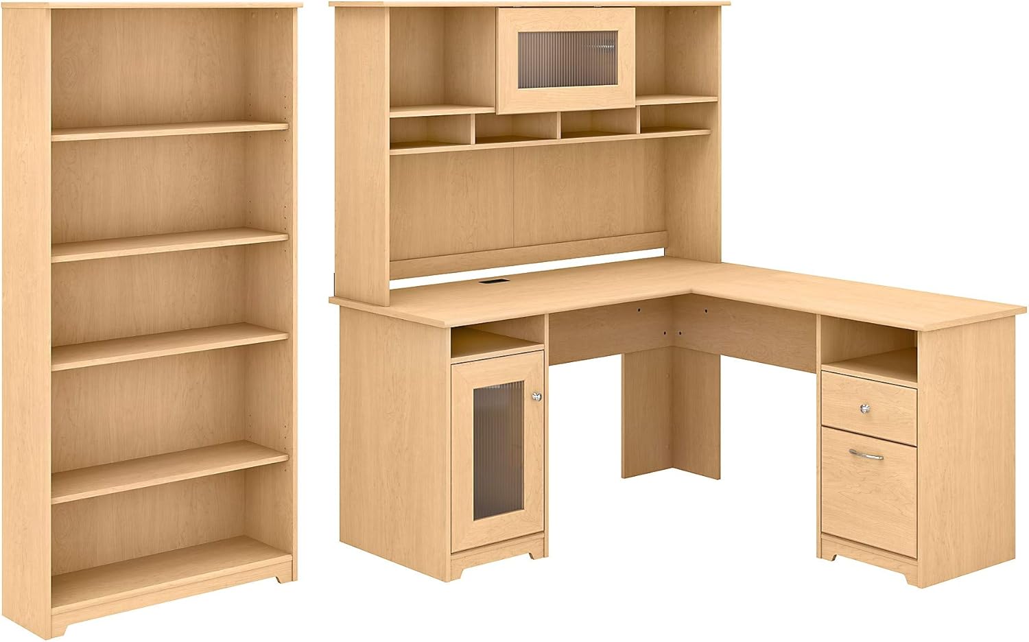 Cabot L Shaped Desk with Hutch and 5 Shelf Bookcase in Espresso Oak
