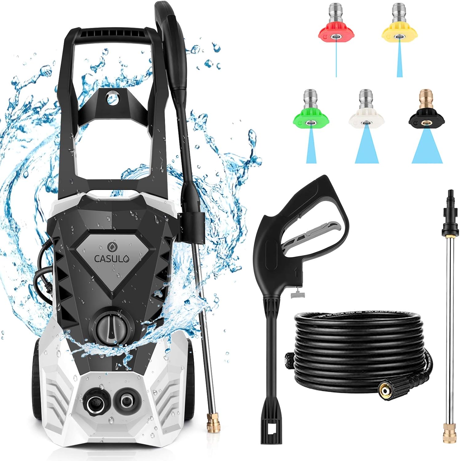 Electric Pressure Washer 1800W Power Washer with 5 Nozzles,Hose Reel,High Pressure Cleaner for Fences/Patios/Garden (Premium White)