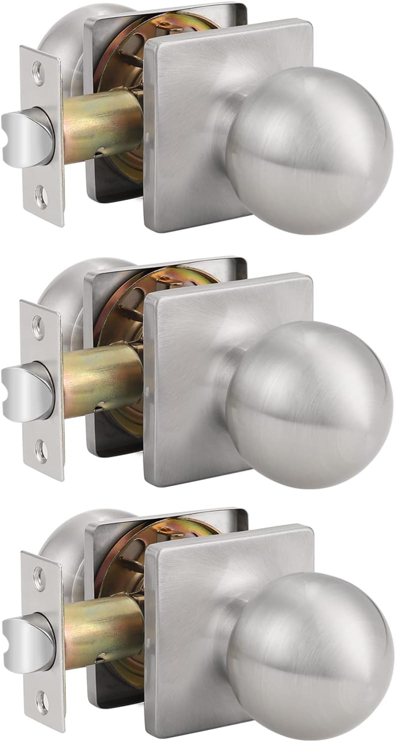 Probrico Ball Hall/Closet Passage Door Knobs with Square Rosette, Interior Keyless Black Door Handles, 3 Pack Pack of 2