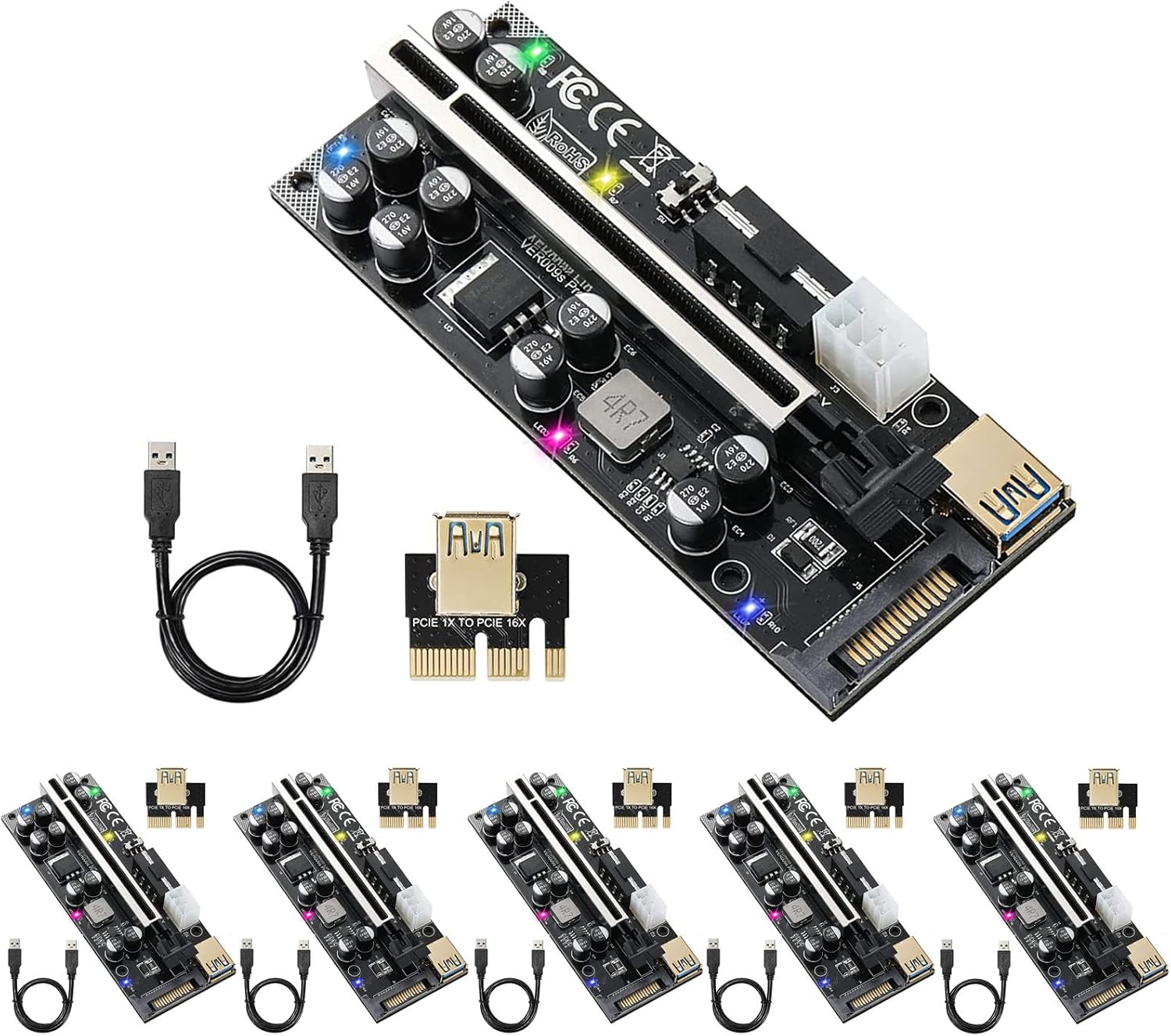 YUNKOZAND PCIE Riser 10 Solid Capacitors,GPU Riser for ETH/GPU Mining,with RGB Colorful LED Light & 60cm USB 3.0 Extension Cable(V009s Plus 6 Pack) Pack of 2