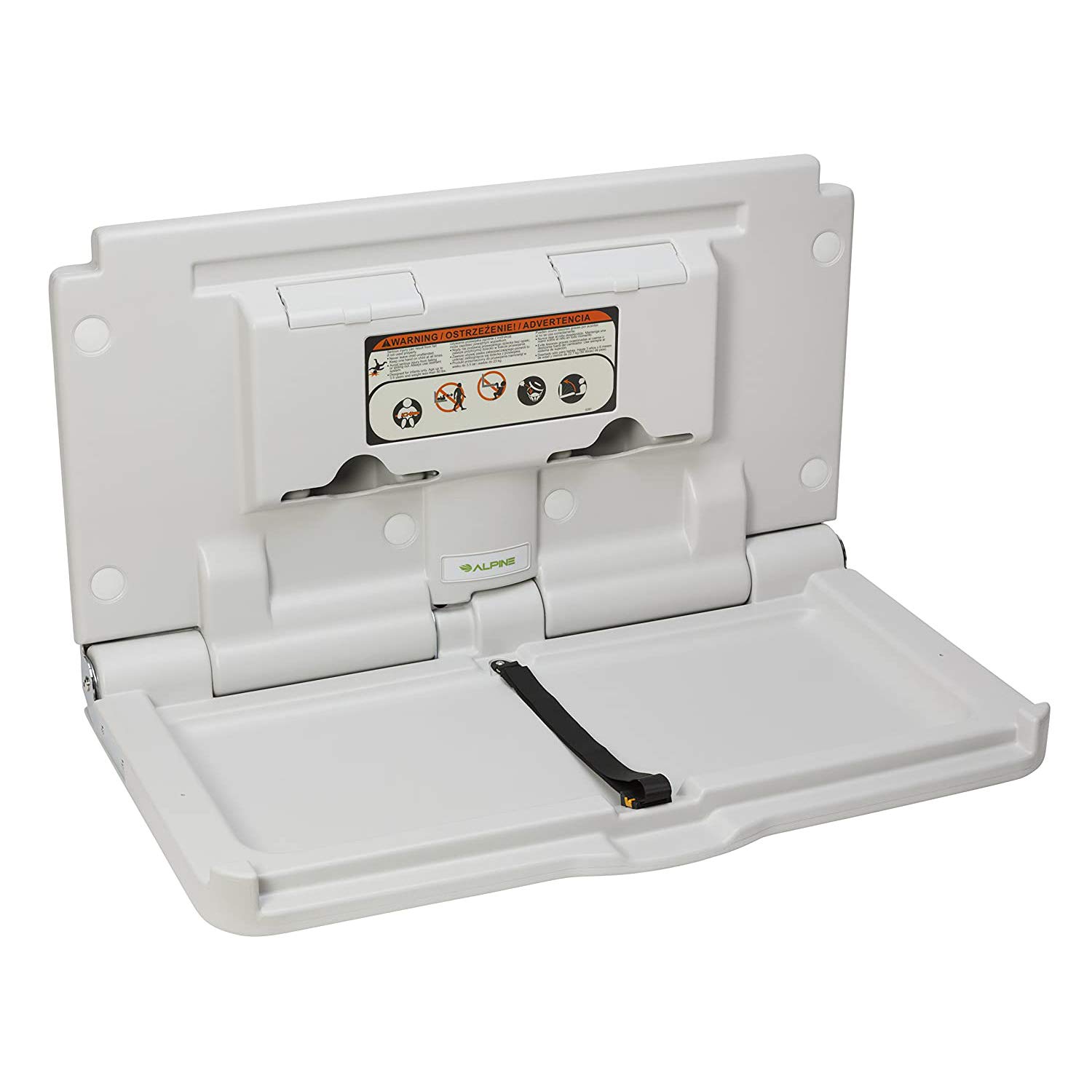 Alpine Industries Wall Mounted Baby Changing Station, Horizontal Baby Changing Diaper Folding Table with Safety Strap, Ideal for Commercial Bathroom (White Gray)