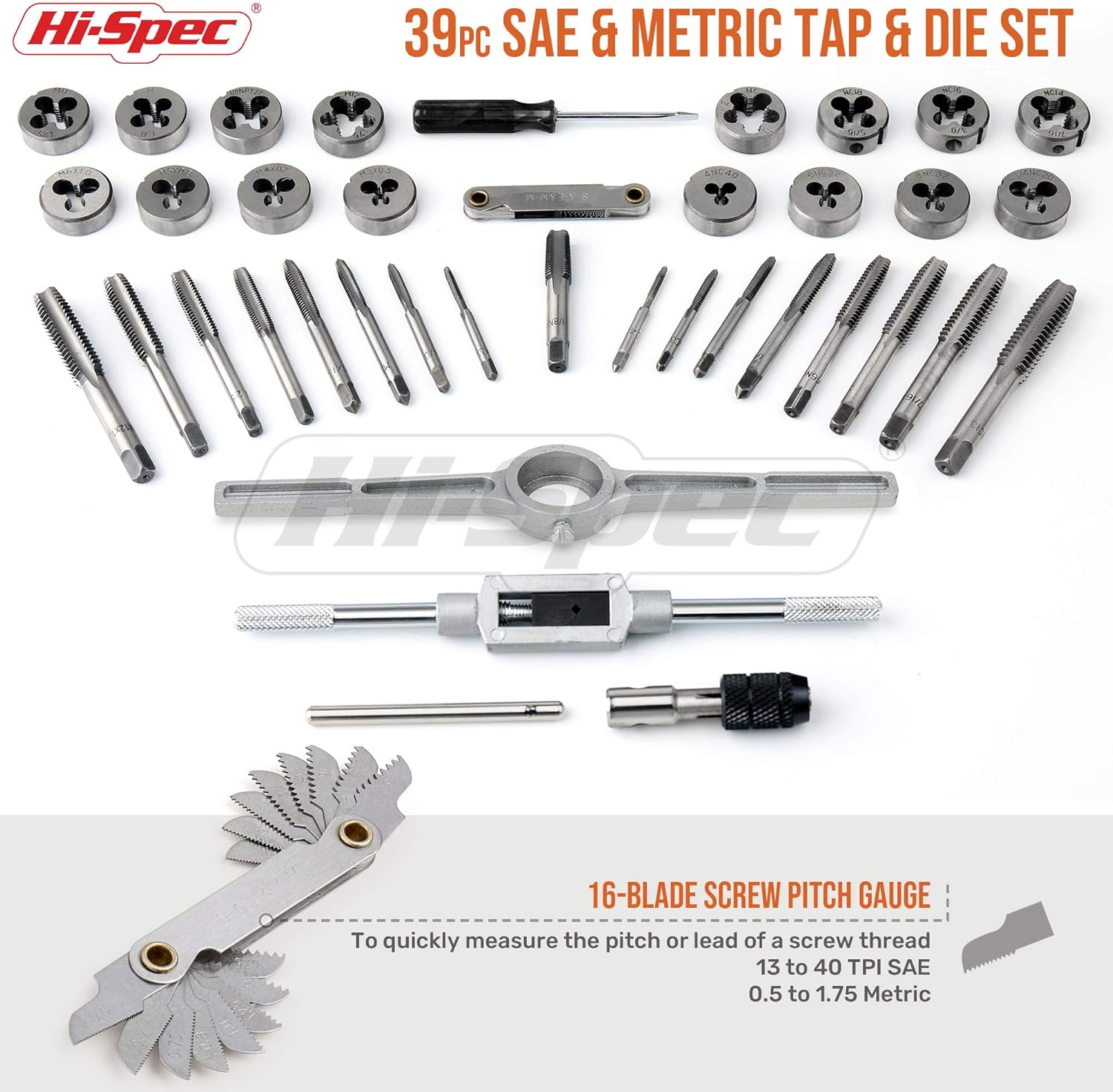 Hi-Spec 39 Piece SAE & Metric Tap & Die Set. Complete M3 to M12 / #4 to 1/2in Fine & Coarse Tools to Cut, Chase and Thread with Screw Pitch Gauge in a Tray Case Pack of 2