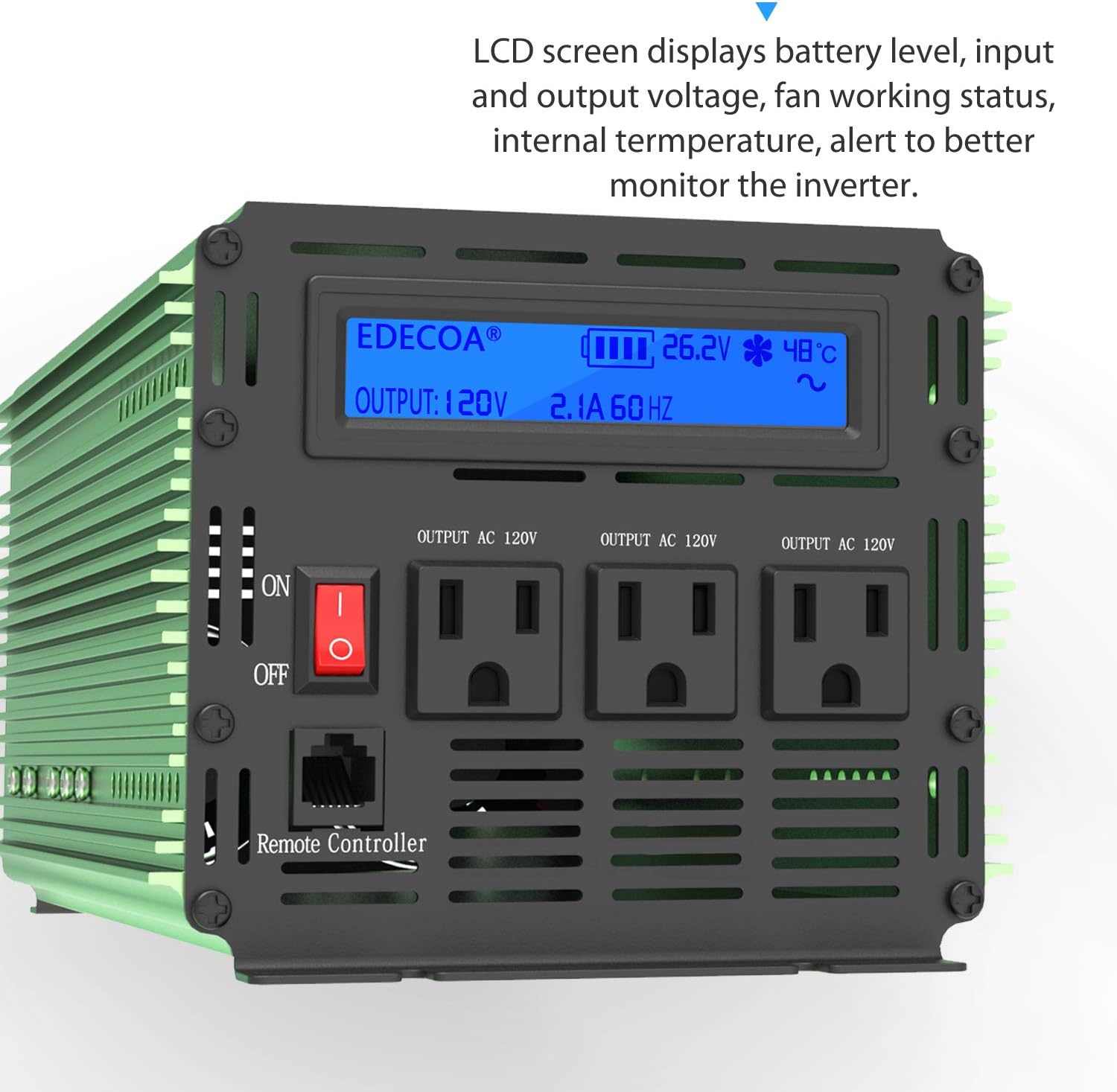EDECOA 24V 2000W Pure Sine Wave Power Inverter DC 24V to AC 120V 110V with LCD Display and Remote Controller for RV Truck Boat