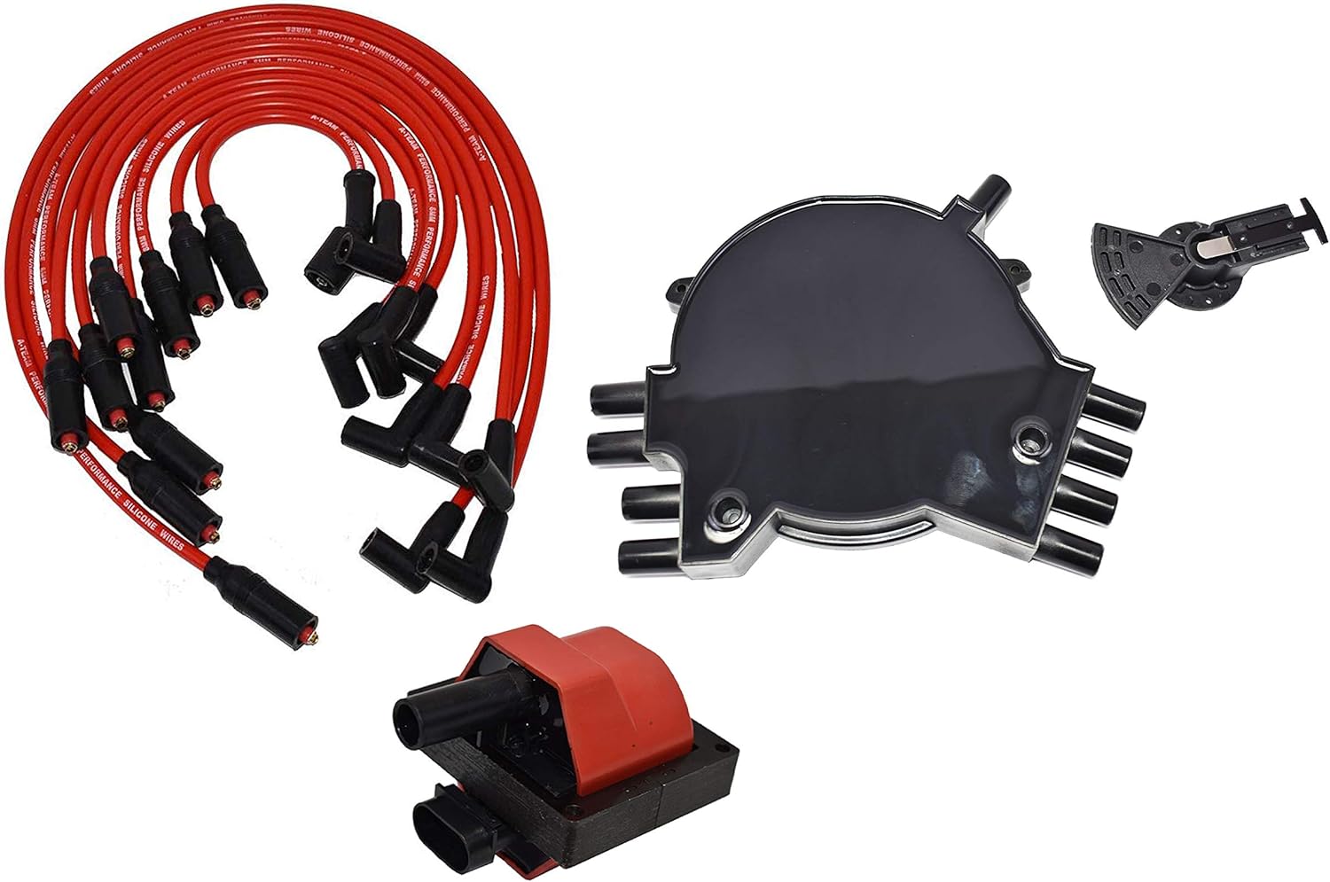 A-Team Performance - Optispark Distributor Cap, Rotor, Remote Ignition Coil Tune Up Kit, and 8.0mm Spark Plug Wires Kit - Compatible with 92-94 GM Chevy Pontiac LT1 Black Pack of 2