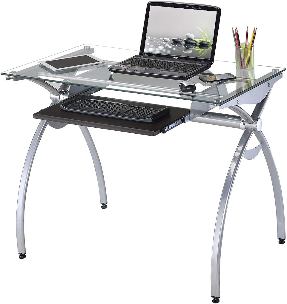 Techni Mobili Contempo Glass Top Computer Desk with Pull Out Keyboard Panel, Clear