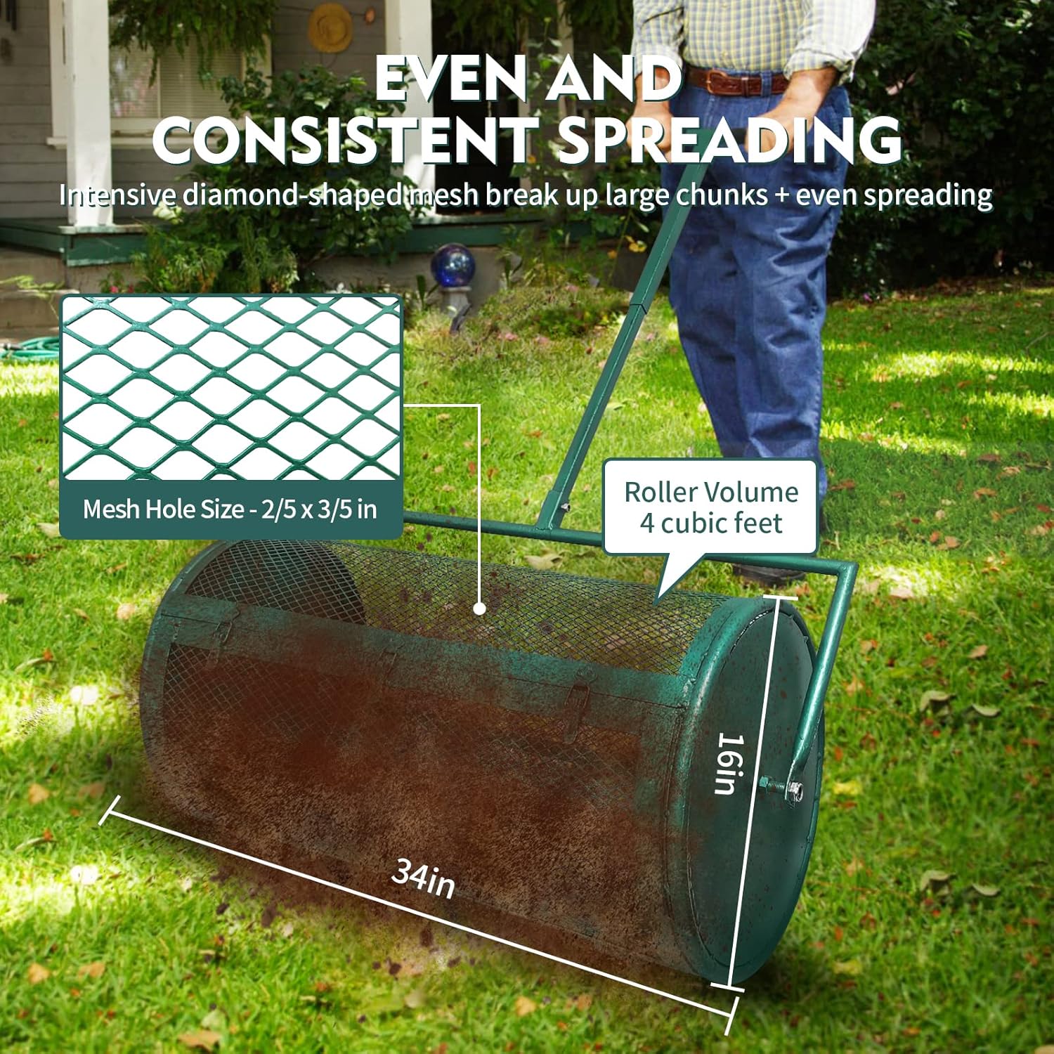 ZANGEROI Compost Spreader for Lawn Peat Moss Spreader for Lawn Manure Spreader Lawn Spreader Garden Spreader Yard Spreader with Metal Mesh Basket Adjustable Pole (31 inch)