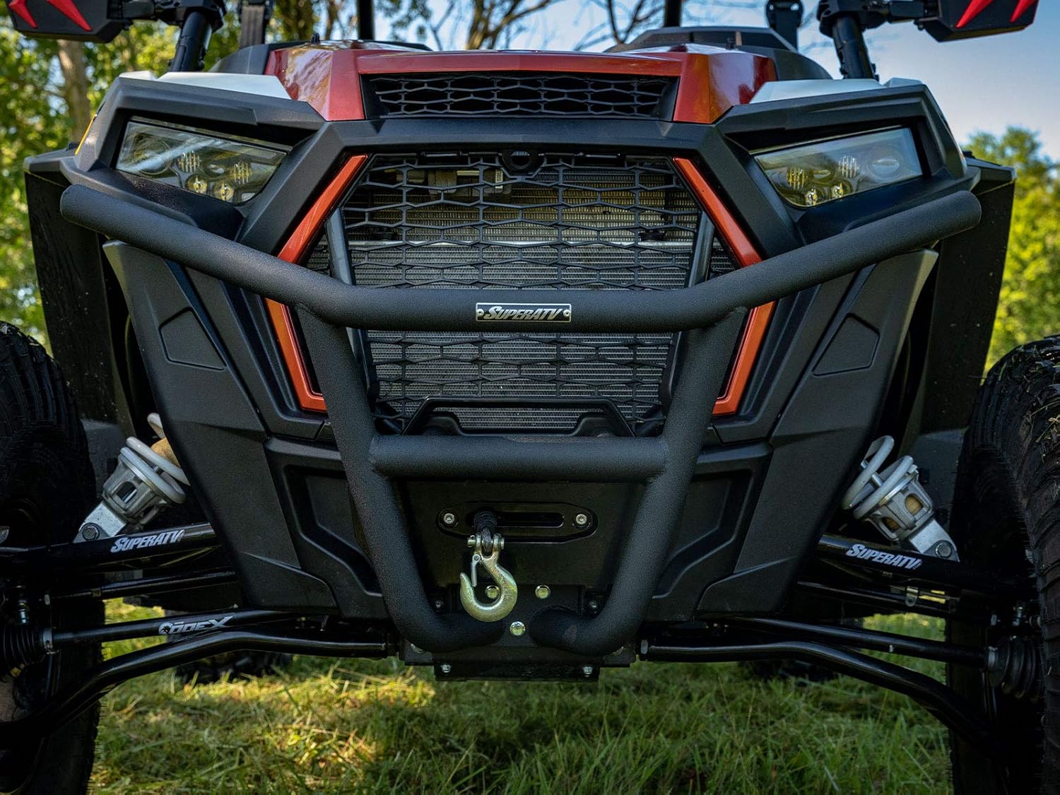 SuperATV Low Profile Front Bumper for Polaris RZR XP 1000/XP 4 1000 (See Fitment) - Wrinkle Black- Made of Heavy Duty Steel Tube- UV-Resistant Powder Coat - Sleek Low Profile Design Protects Front End