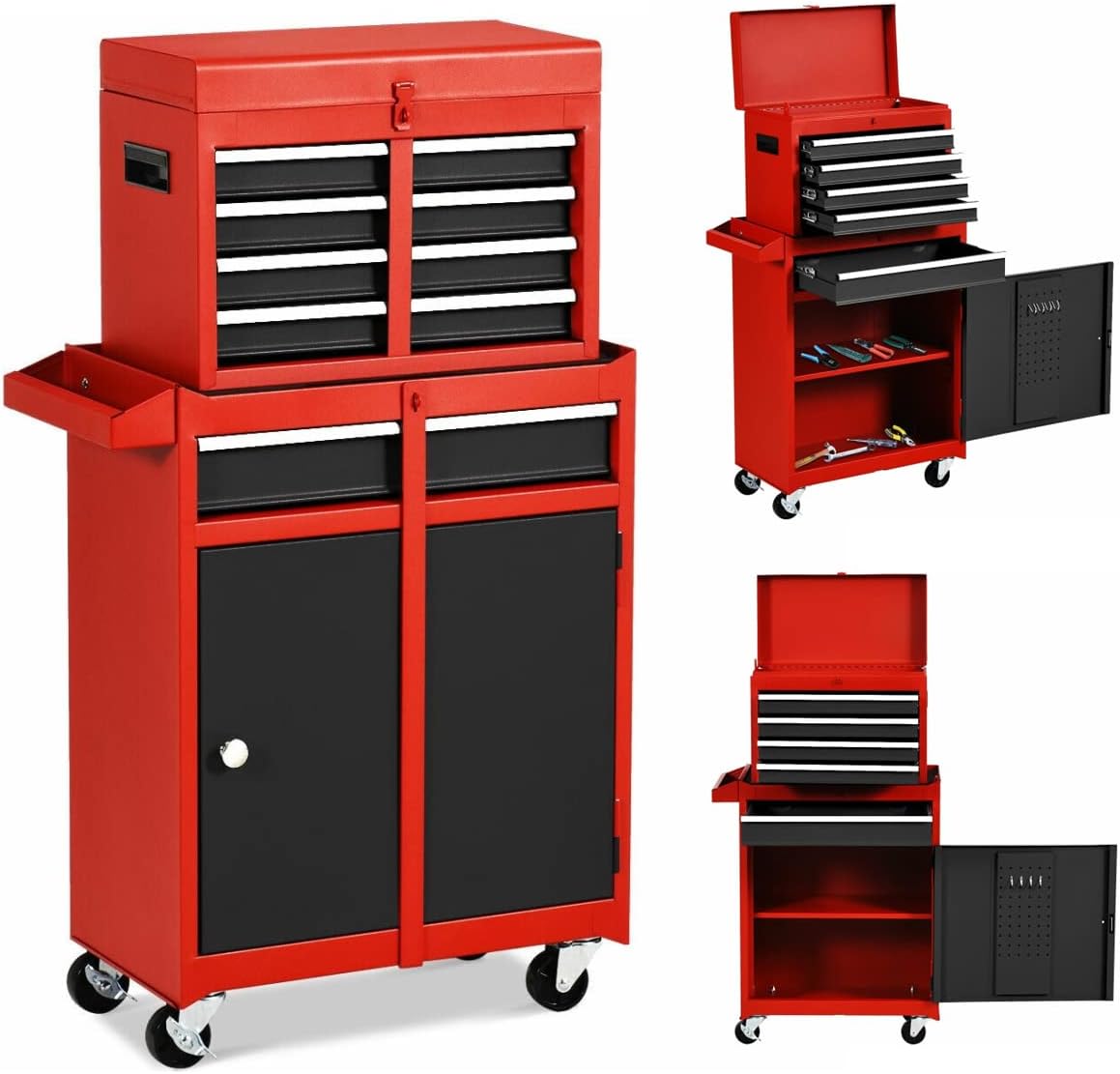 ERGOMASTER Portable Tool Chest Cabinet 20-Inch Metal Red Tool Box 5-Tray Cantilever Steel Organizer (Red, Portable Box) Pack of 2