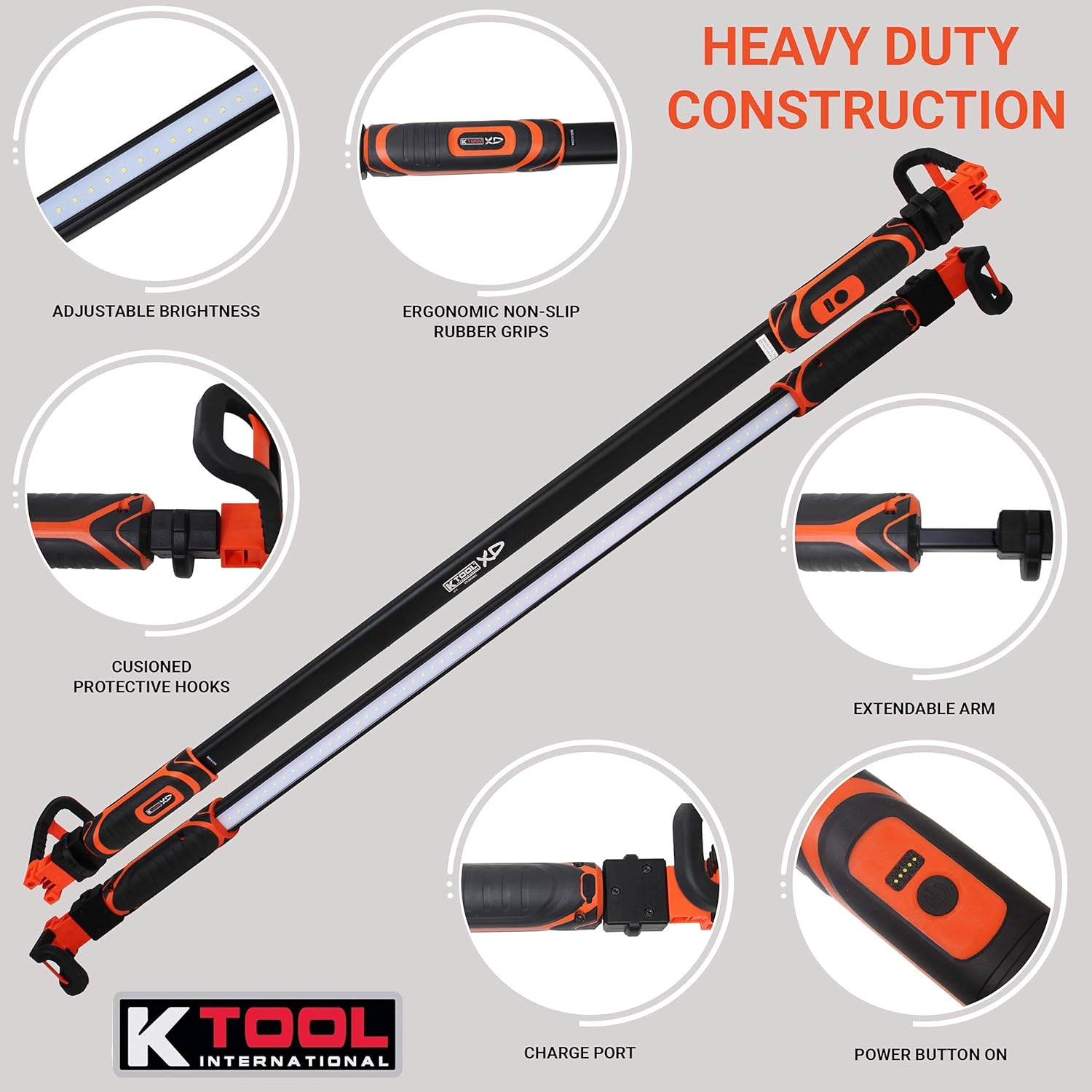 K Tool International Heavy Duty Underhood Work Light Rechargeable LED Work Light Aluminum 1 Piece Construction 49 Inch to 80 Inch Telescoping New Hook Design